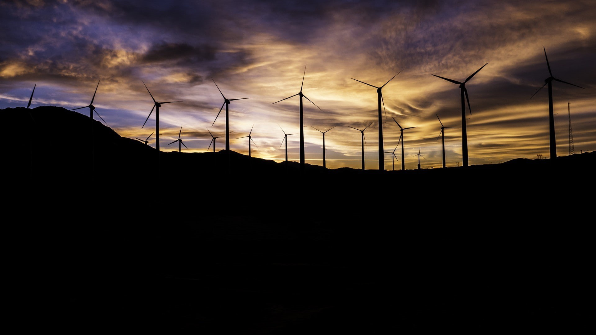 silhouette, ecology, 1080P, landscape, environment, clouds, nature, wind turbine, hills, HD Wallpaper