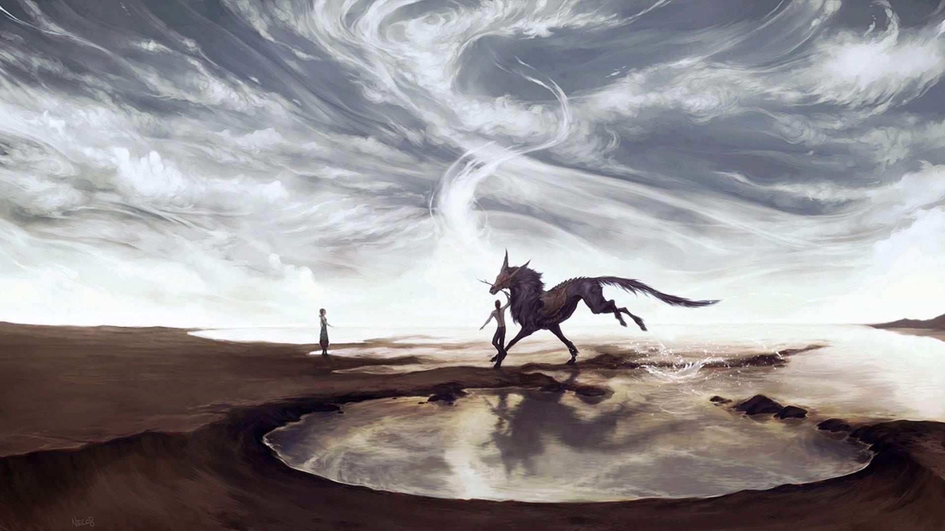 domestic animals, cloud - Sky, environment, animal, girl, horse, animal themes, backgrounds, dinosaur, fantasy, digital composite, dramatic Sky, being, HD Wallpaper
