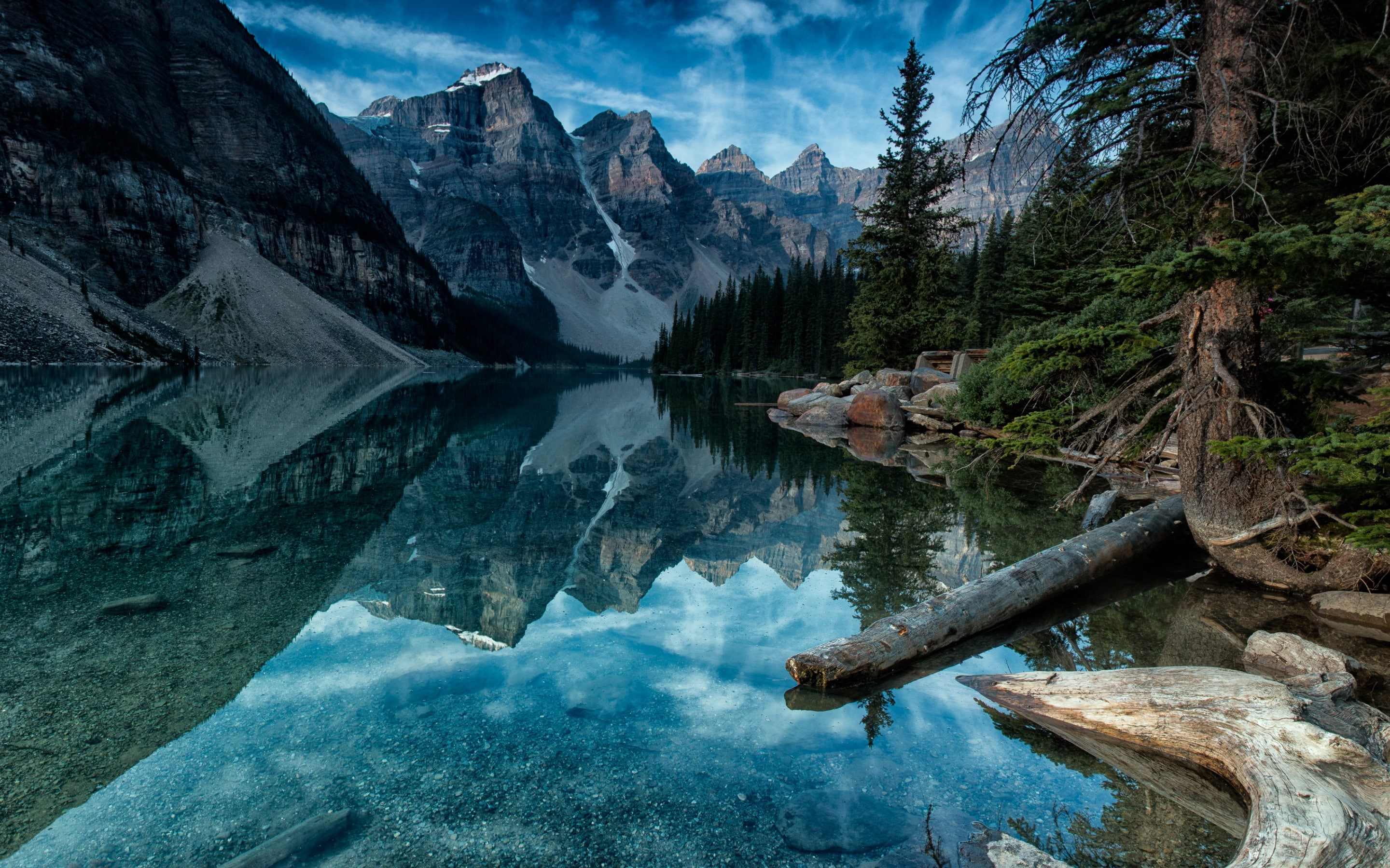 water, landscape, reflection, forest, 2K, lagoon, mountains, tree bark, HD Wallpaper