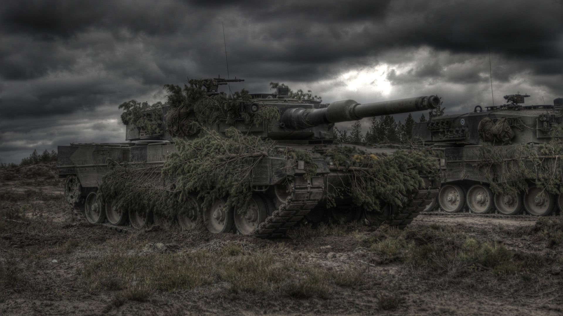 field, camouflage, outdoors, ominous, tank, land, transportation, plant, cloud - sky, fighting, military, 1080P, nature, storm, vehicle, day, overcast, HD Wallpaper