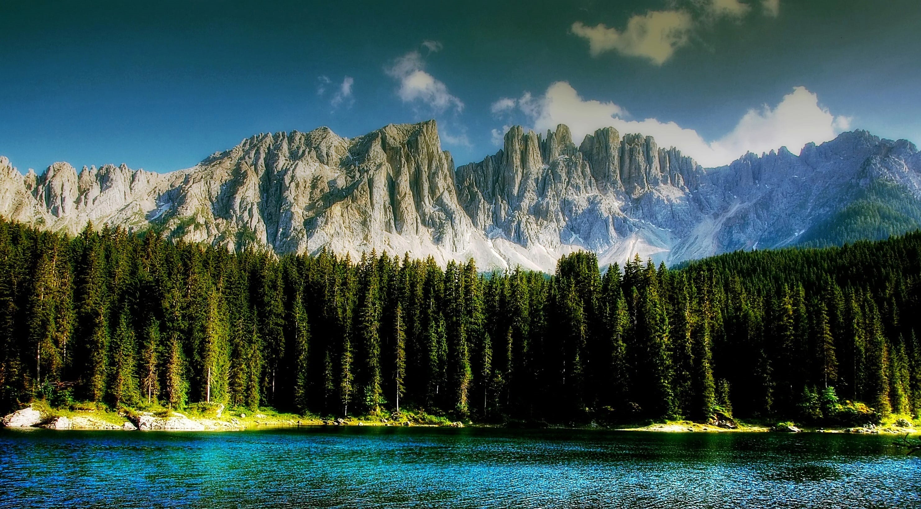 panoramic, scenics, tranquil Scene, idyllic, non-Urban Scene, mirroring, lake, Karersee, mountain, tranquility, hiking, blue sky, plant, outdoors, blue, HD Wallpaper