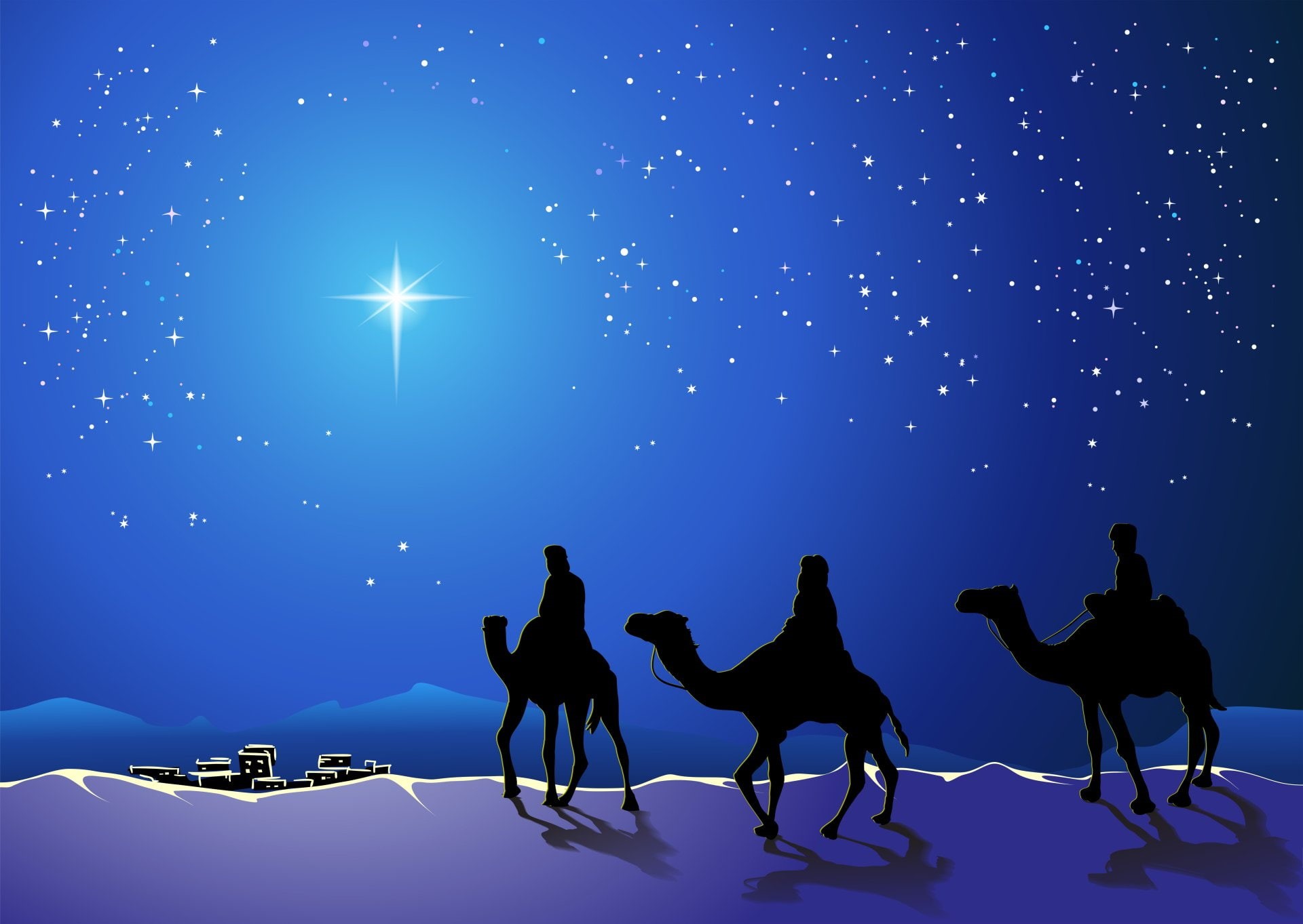 group of animals, star - space, pets, Blue, Stars, 1080P, Town, group of people, Night, The Three Wise Men, mammal, outdoors, celebration, domestic animals, HD Wallpaper