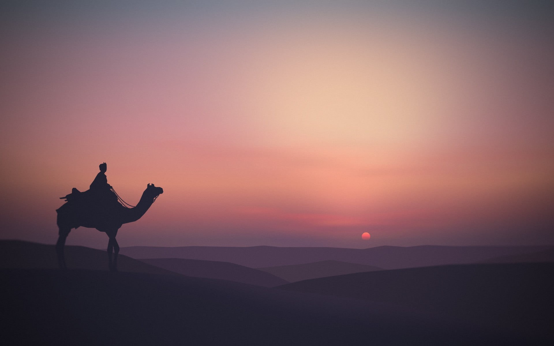 domestic animals, sky, landscape, land, animals, horizon, mountain range, silhouette, tranquil scene, 1080P, one animal, nature, riding, one person, Sun, HD Wallpaper