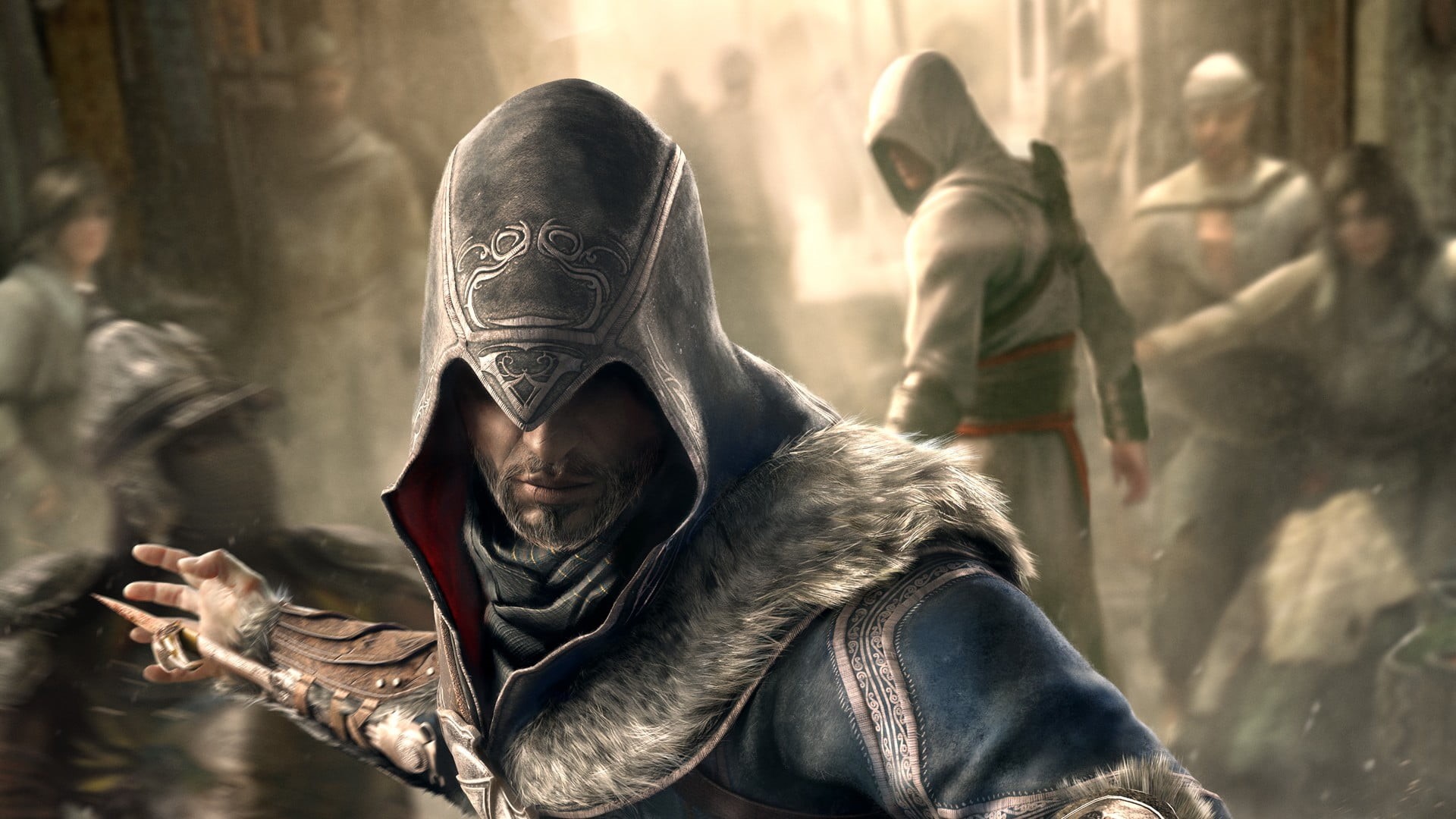focus on foreground, day, hood, hood - clothing, men, clothing, front view, s, social issues, sitting, traditional clothing, assassin, adult, 1080P, city, HD Wallpaper