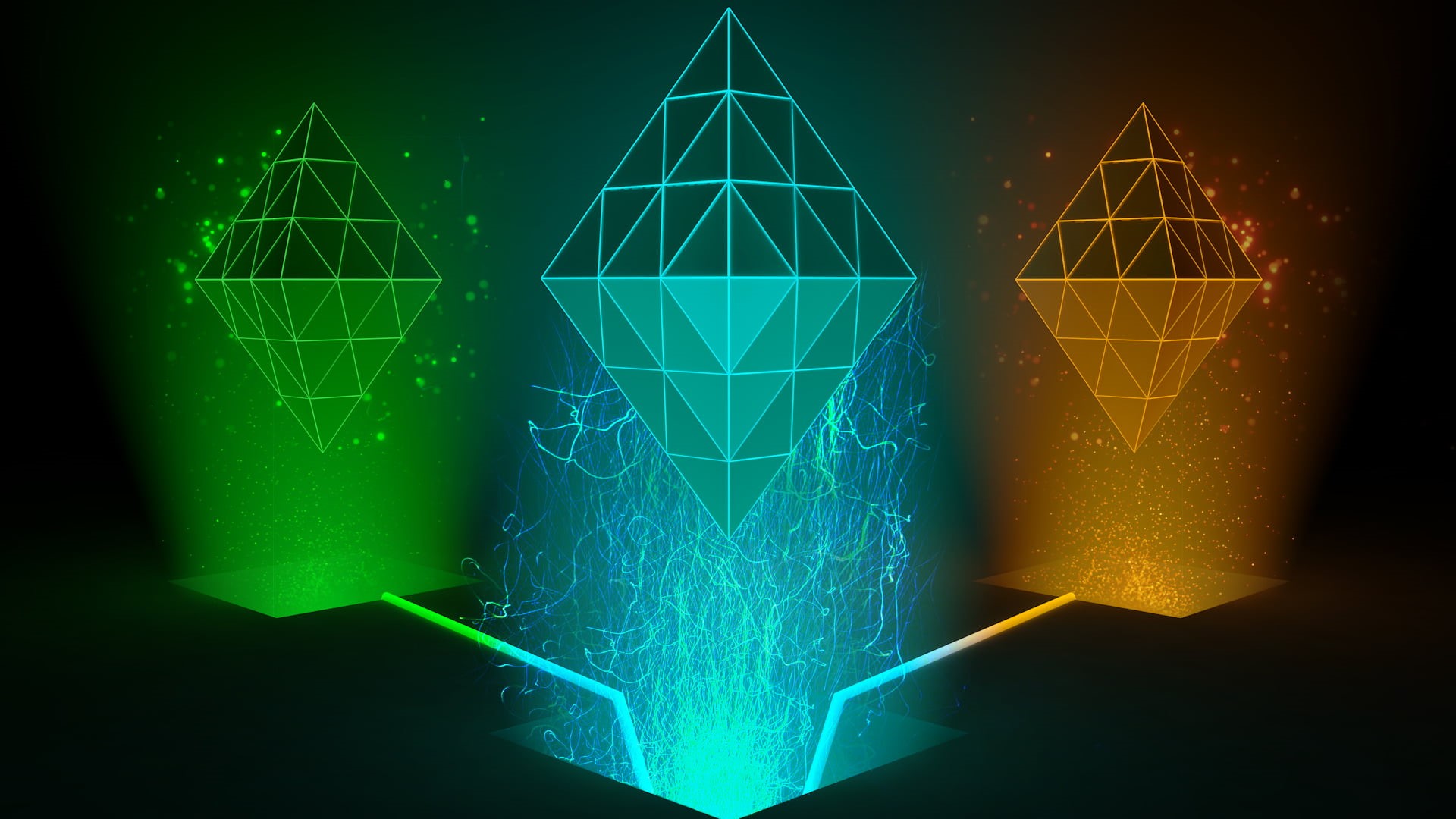 abstract, studio shot, glowing, illuminated, blue background, creativity, 1080P, technology, colored background, triangle shape, colorful, communication, HD Wallpaper