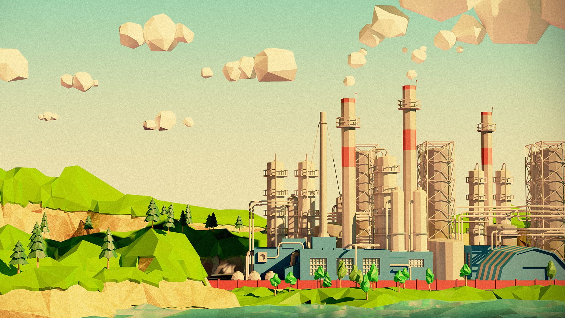 game, refinery, factory, polygon, art, application, 1080P, digital/artwork, hd, HD Wallpaper