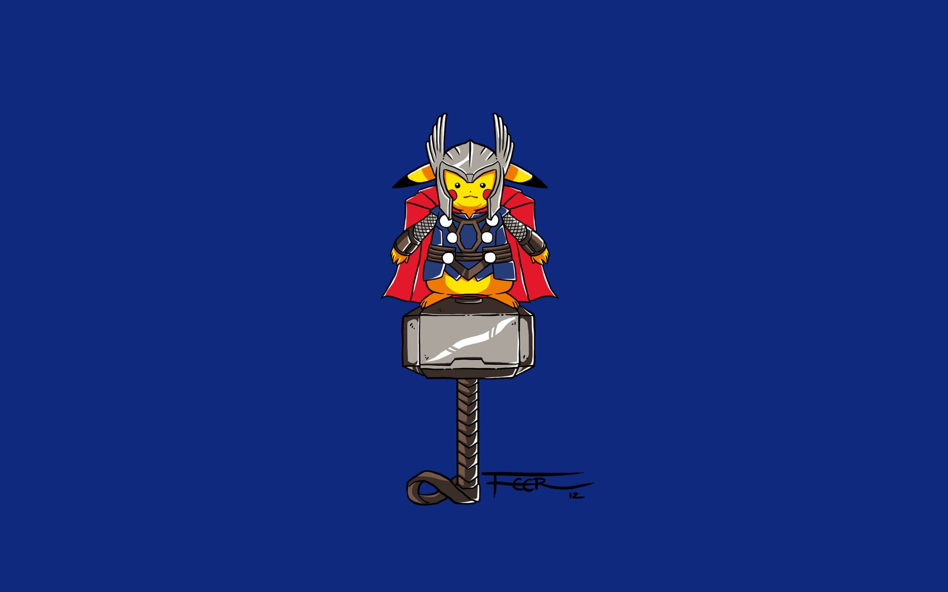 pikachu, 1080P, hd, pokemon, blue, cartoon/comic, thor, mjolnir, HD Wallpaper