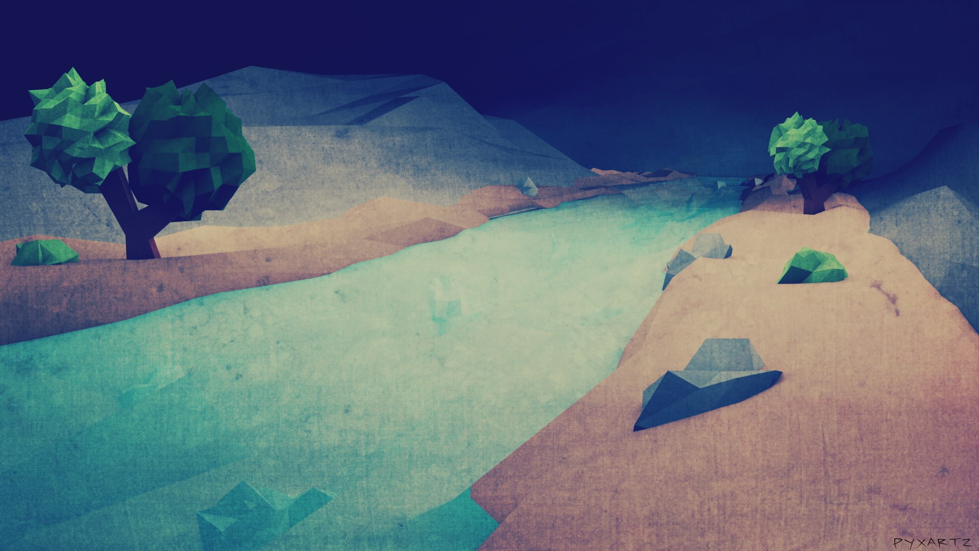 1080P, hd, polygon, river, poster, clay, tree, digital/artwork, art, abstract, beside, HD Wallpaper
