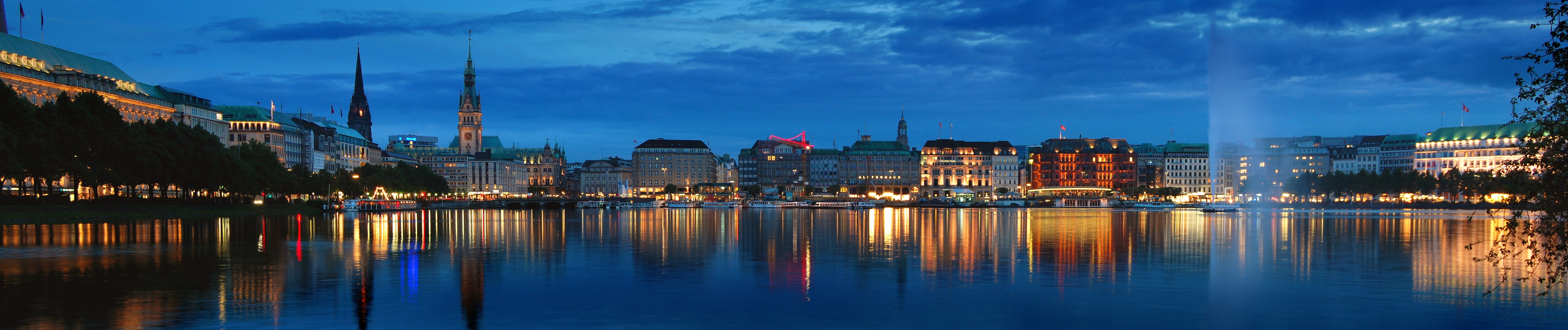 waterfront, no People, built structure, 5K, urban, panoramic, at Night, reflection, river, travel destinations, night, public domain, dusk, city, Hamburg, HD Wallpaper
