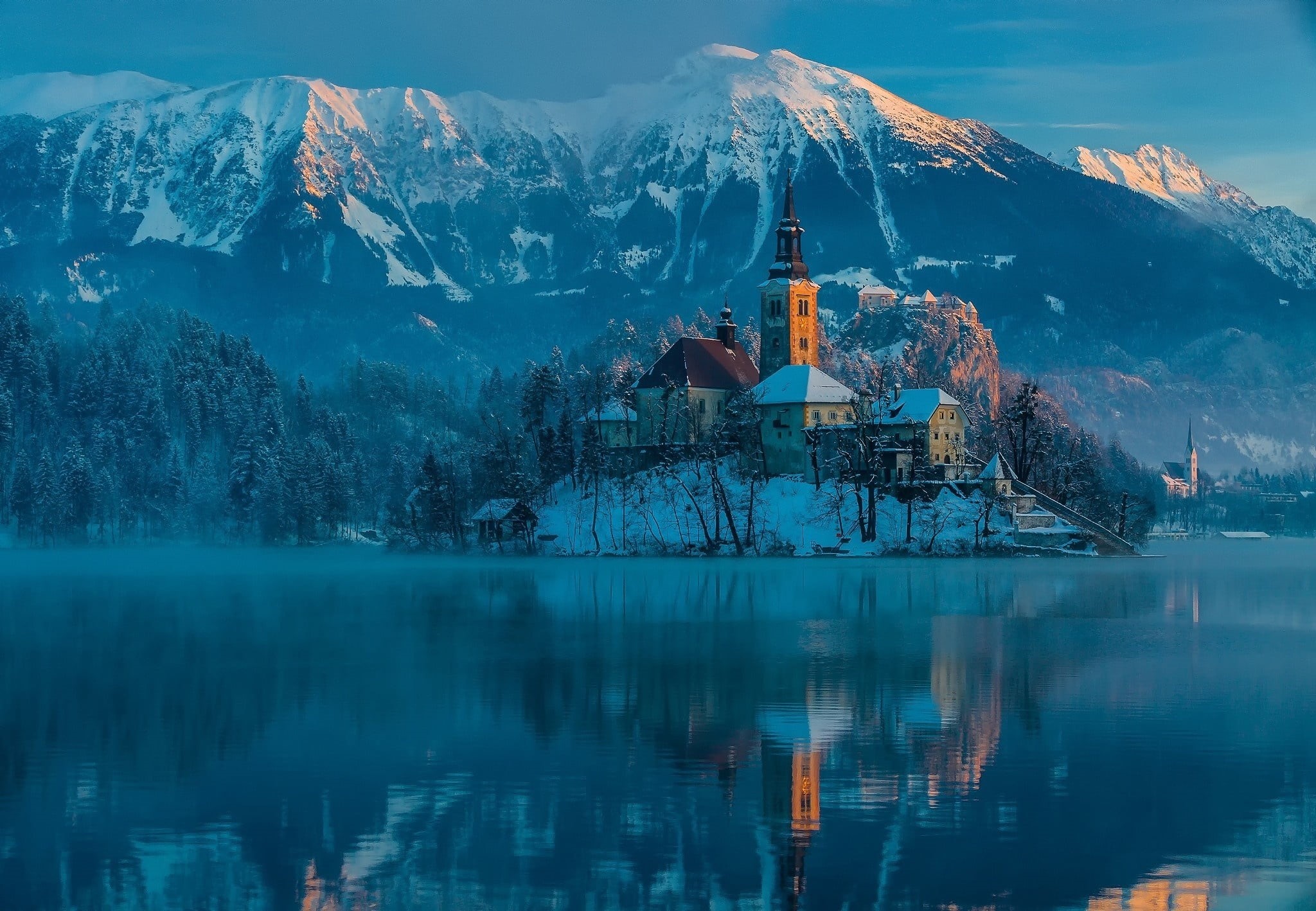 religion, old, autumn, town, church, snowcapped mountain, building, scenics - nature, outdoors, blue, landscape, no people, cold temperature, europe, forest, HD Wallpaper
