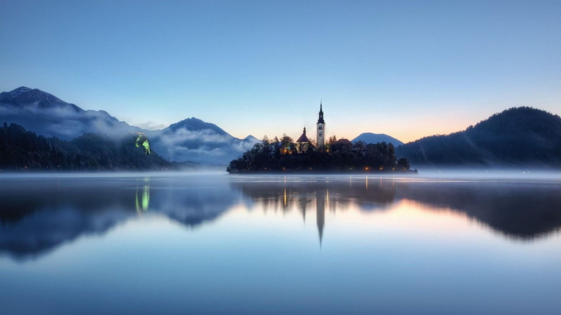 belief, lake, religion, tree, beauty in nature, 1080P, scenics - nature, bled castle, place of worship, travel, lake bled, tranquility, slovenia, no people, HD Wallpaper