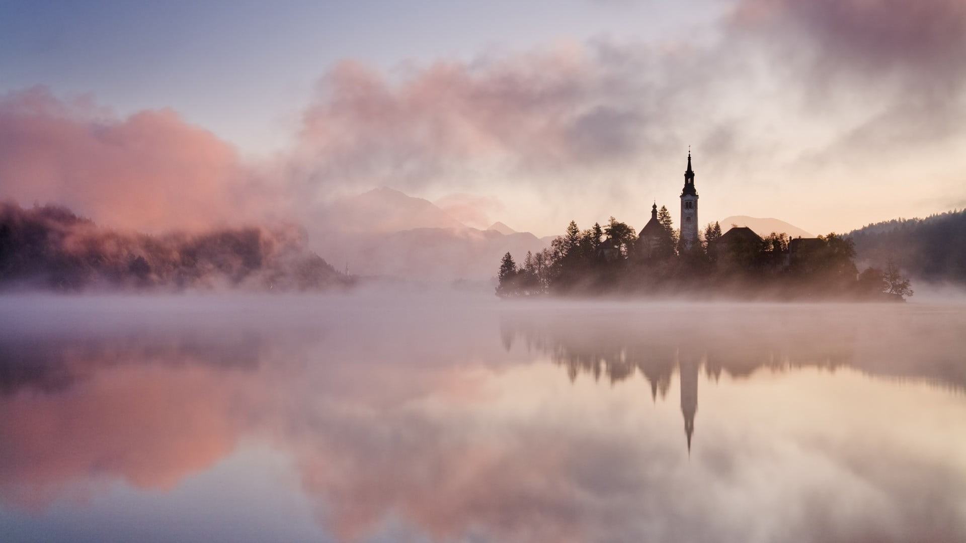 calm waters, reflection, architecture, fog, mist, sunrise, sky, outdoors, scenics - nature, cloud - sky, lake, sun, travel destinations, Slovenia, history, HD Wallpaper