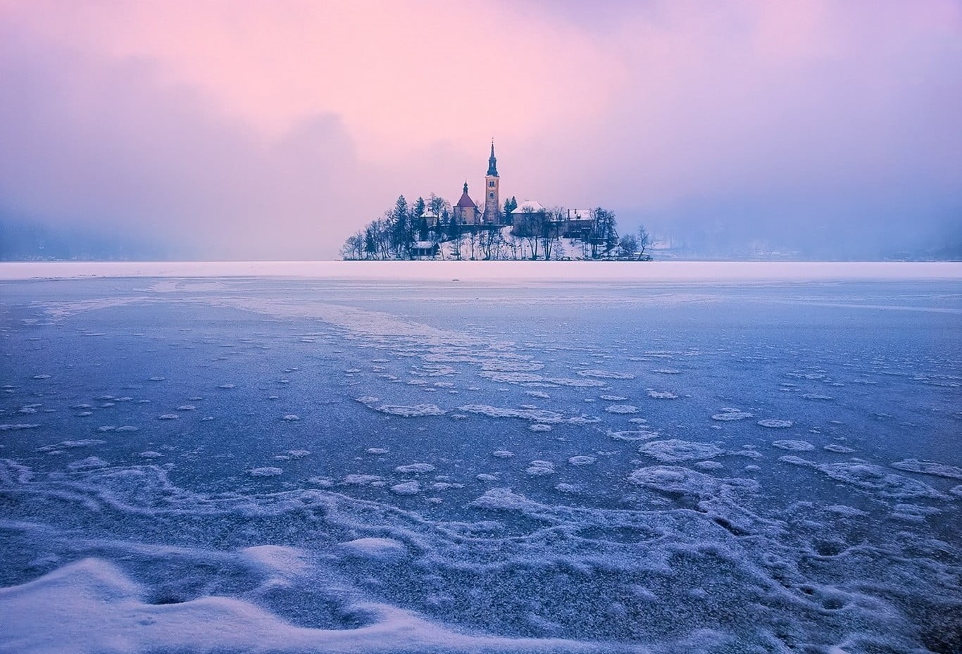 winter, sky, twilight, land, outdoors, frost, nature, built structure, sea, water, environment, landscape, 720P, Lake Bled, lake, Slovenia, beauty in nature, HD Wallpaper