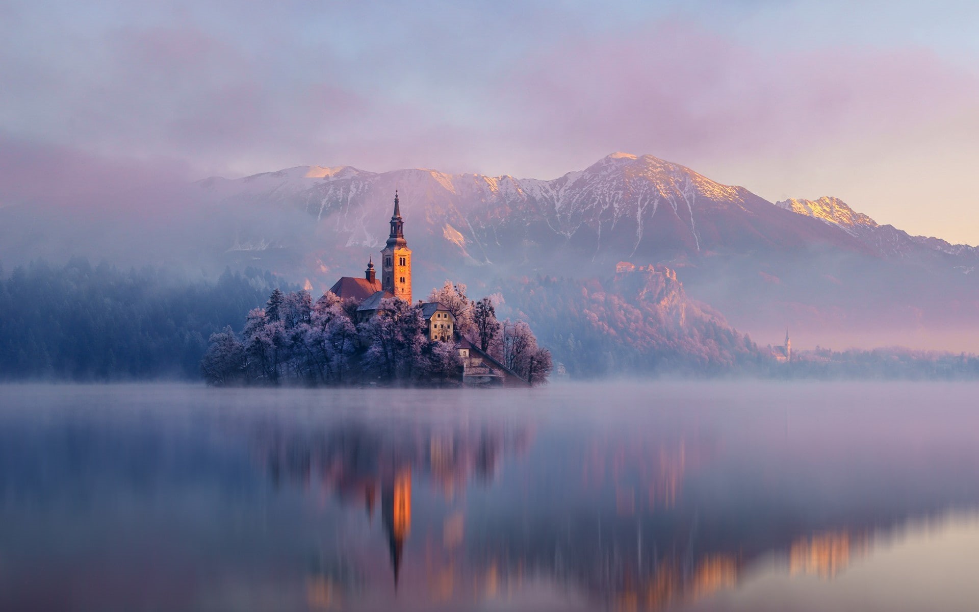 church, landscape, island, 1080P, lake, mountains, castle, Slovenia, reflection, Lake Bled, mist, HD Wallpaper