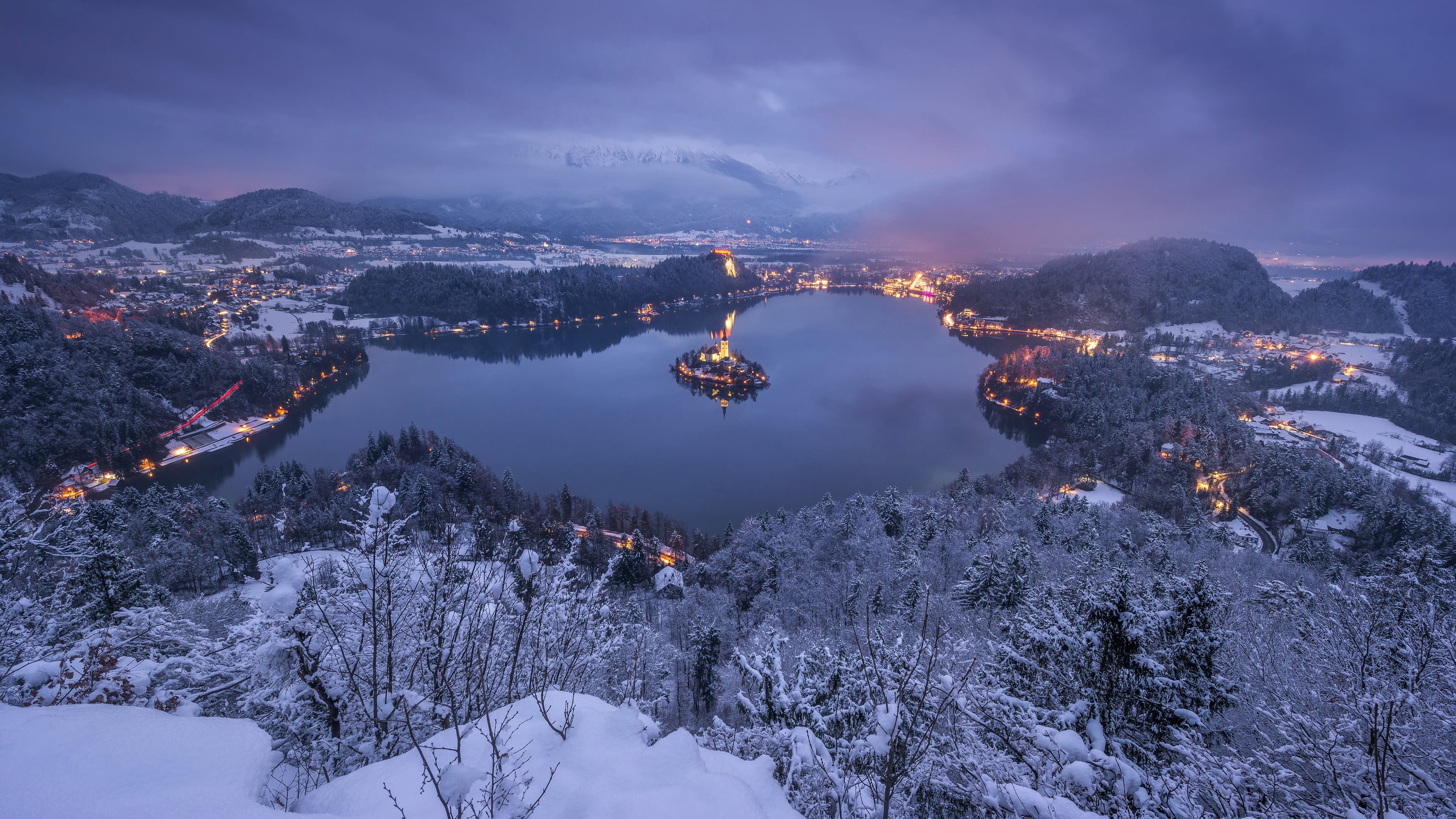 cloud - sky, snow, mountain, nature, architecture, 4K, lake, viewpoint, high angle view, tree, no people, bled island, built structure, illuminated, ojstrica hill, HD Wallpaper