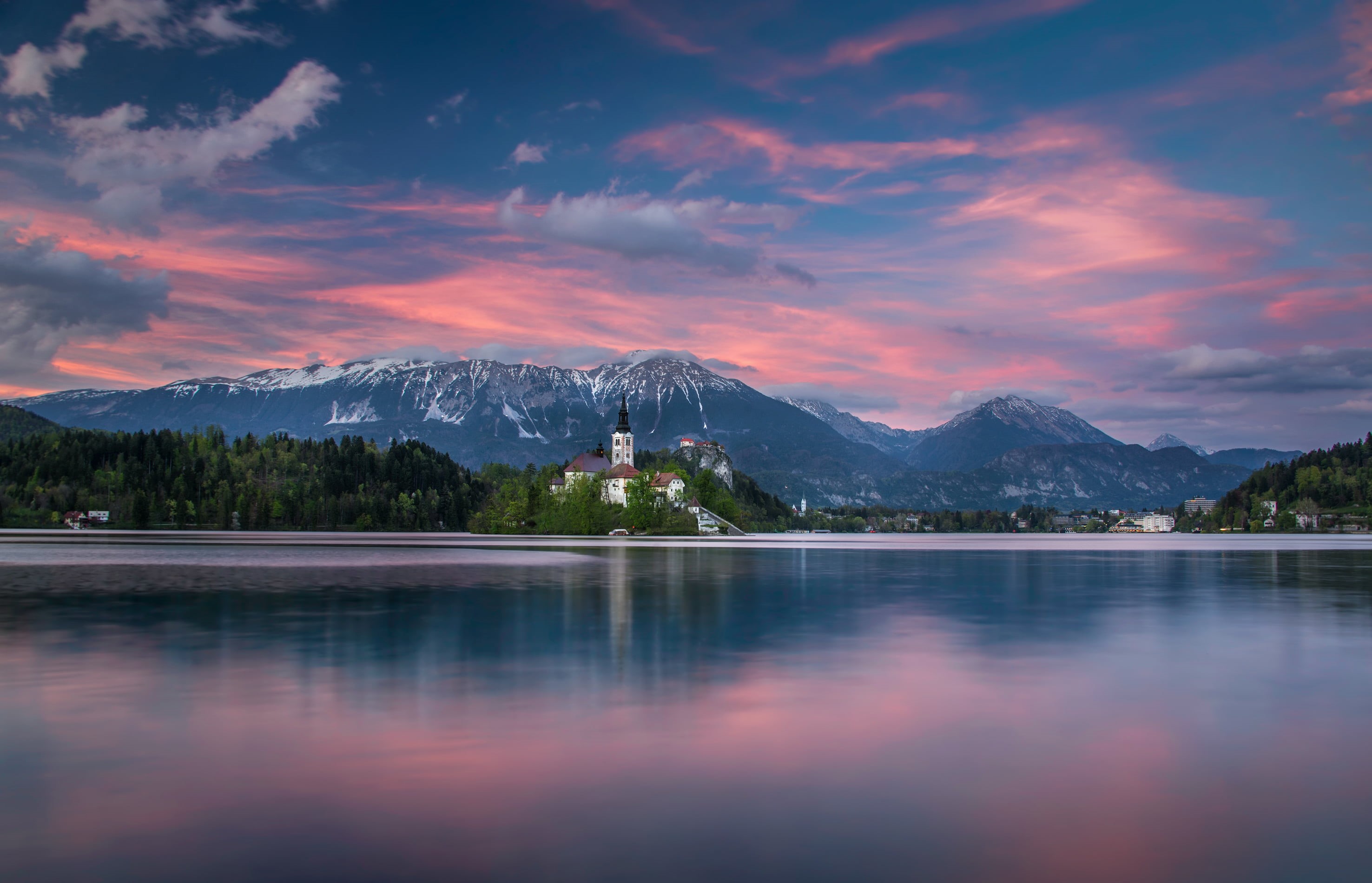 snowcapped mountain, tree, no people, beauty in nature, sky, The Julian Alps, lake, cloud - sky, water, Lake Bled, non-urban scene, tranquility, 2K, outdoors, HD Wallpaper