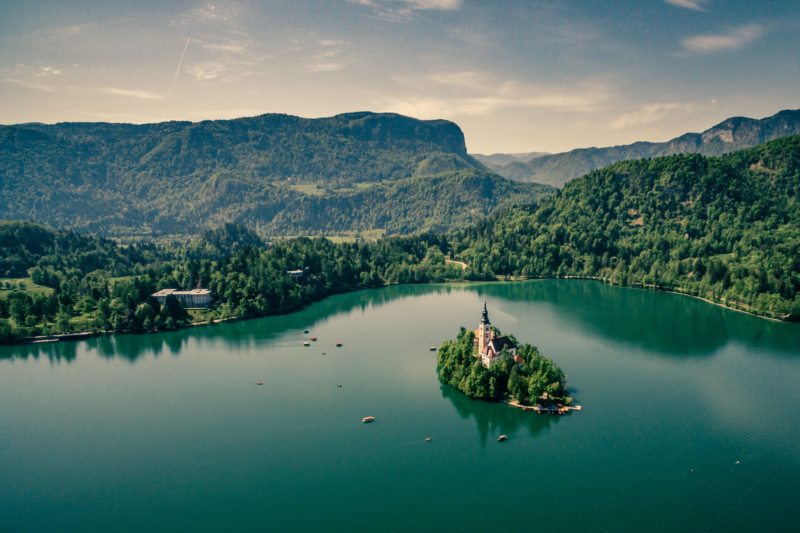 tree, no people, plant, non-urban scene, beauty in nature, slovenia, bled, idyllic, tranquility, aerial, nautical vessel, church, 2K, environment, reflection, HD Wallpaper