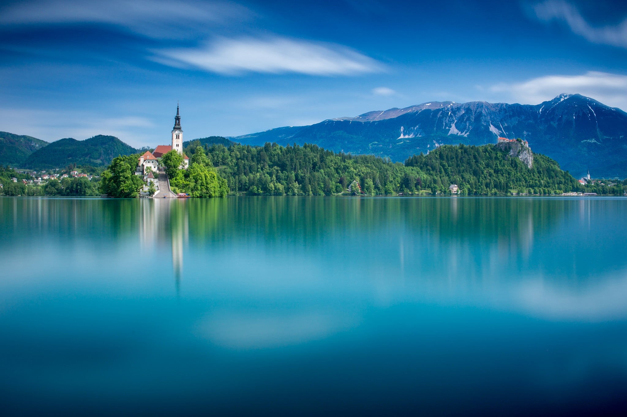 scenics - nature, blue, cloud - sky, tree, 1080P, day, mountains, Lake Bled, non-urban scene, reflection, Slovenia, mountain, Bled, lake, body, mountain range, HD Wallpaper