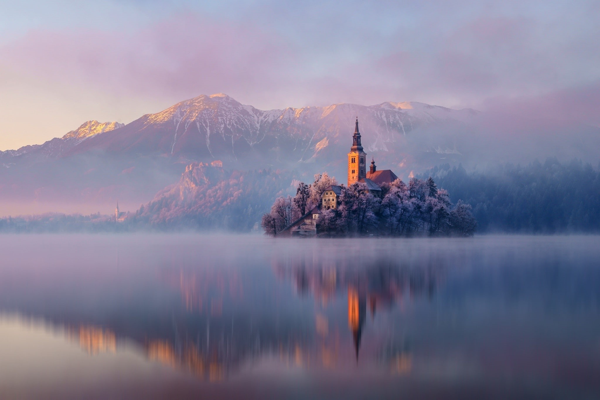 island, building exterior, waterfront, architecture, Slovenia, church, 1080P, mist, Lake Bled, built structure, water, tranquility, snow, sky, mountain range, HD Wallpaper