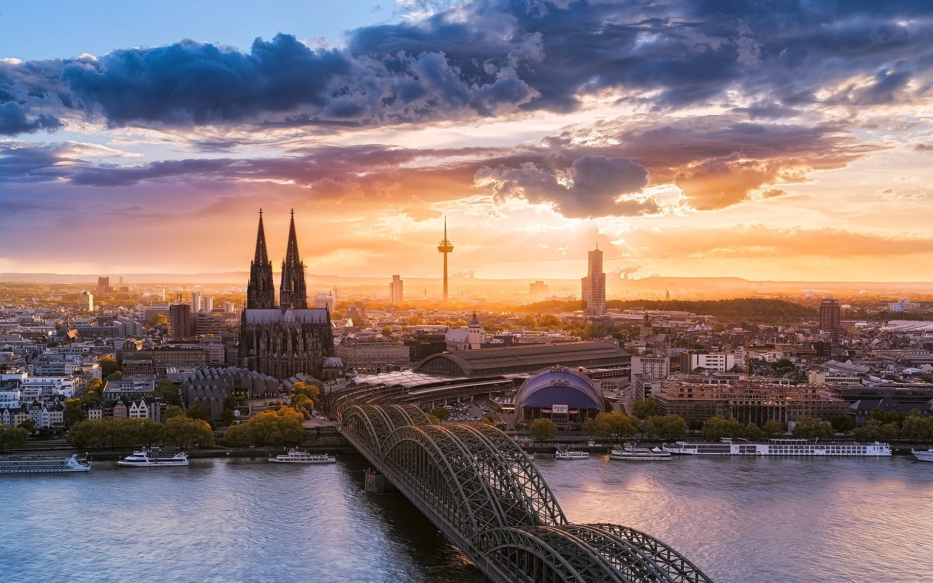 Beautiful, River, Sunset, Sky, Germany, Houses, 1080P, Bridge, Clouds, City, Cologne, HD Wallpaper