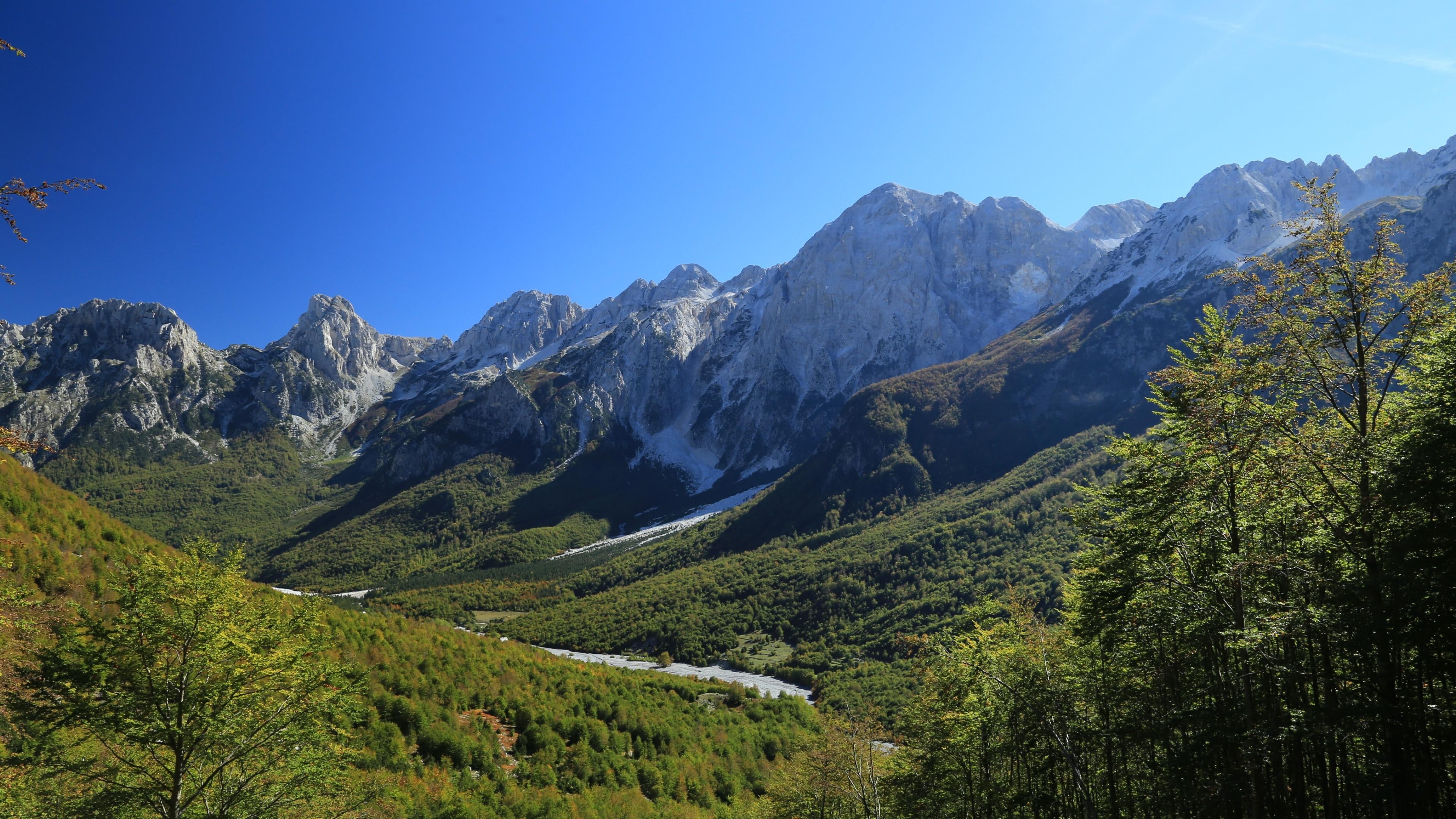 formation, tranquility, albanian alps, mountain, scenics - nature, plant, tranquil scene, 4K, sky, valbona river, coniferous tree, non-urban scene, clear sky, HD Wallpaper