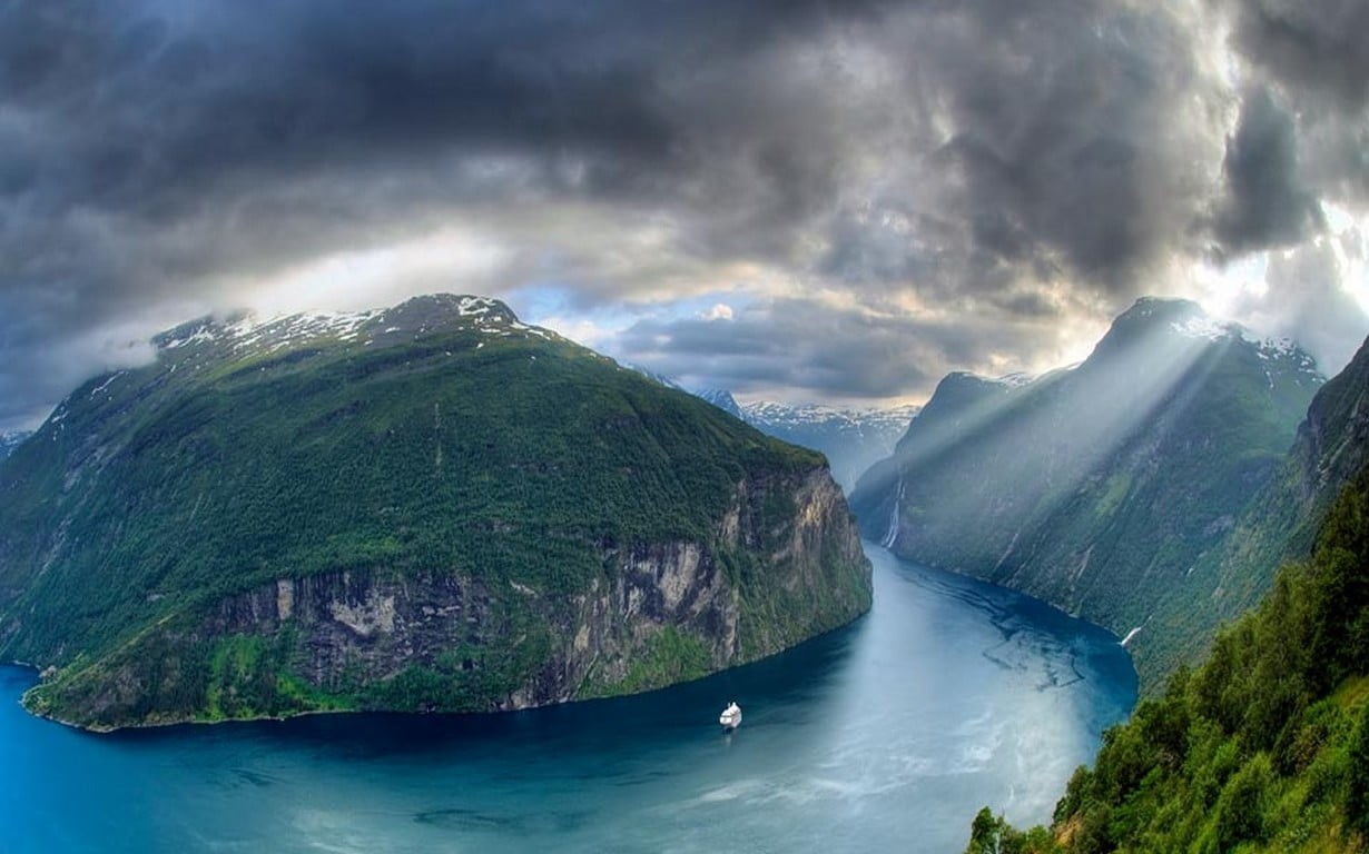 sun rays, fjord, clouds, tranquil scene, sea, scenics - nature, valley, cloud - sky, mountain range, cruise ship, mountains, river, land, non-urban scene, HD Wallpaper
