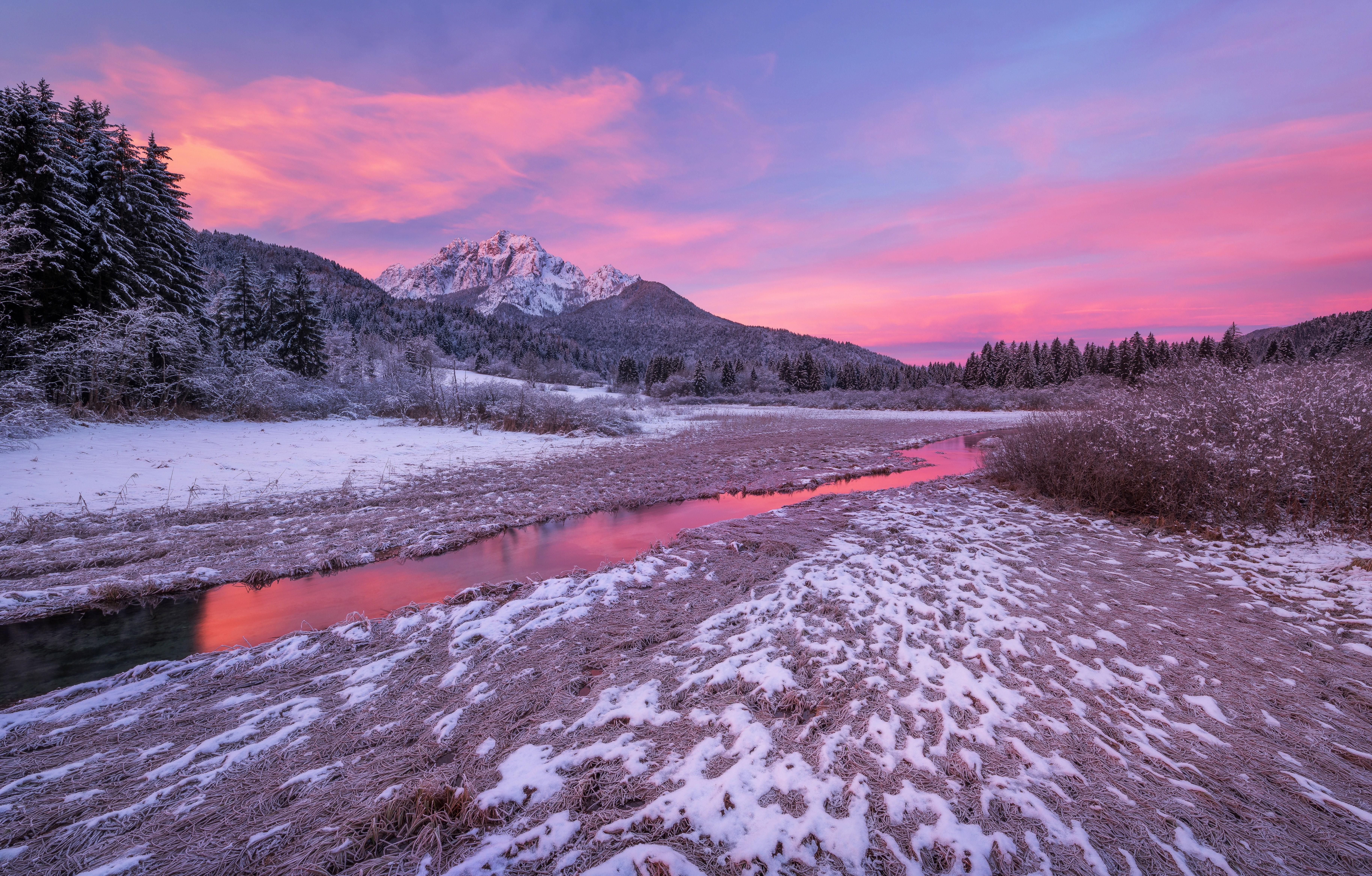5K, Zelenci Springs, Julian Alps, morning, winter, mountains, dawn, The Julian Alps, river, Slovenia, HD Wallpaper