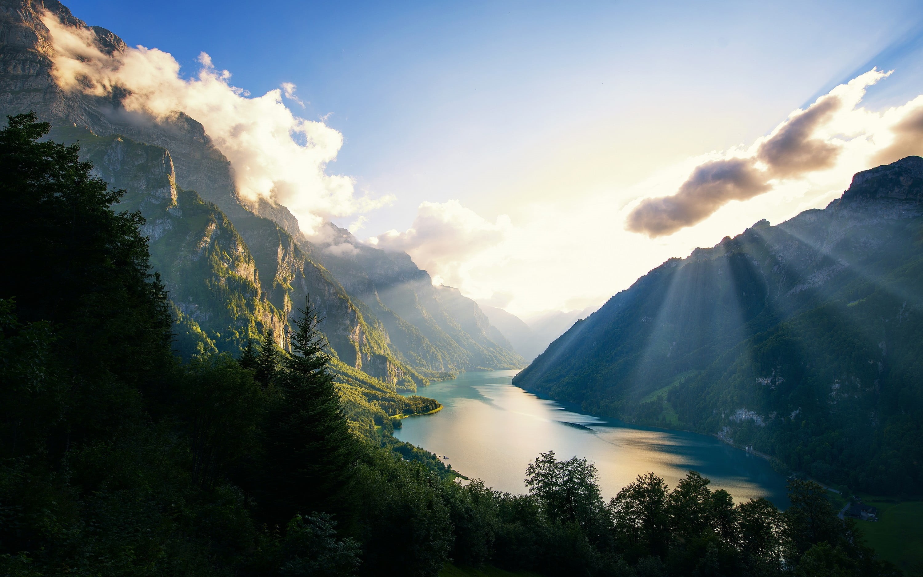Alps, beauty in nature, sun rays, tree, tranquil scene, sky, clouds, water, power in nature, no people, sunset, nature, land, plant, scenics - nature, environment, HD Wallpaper