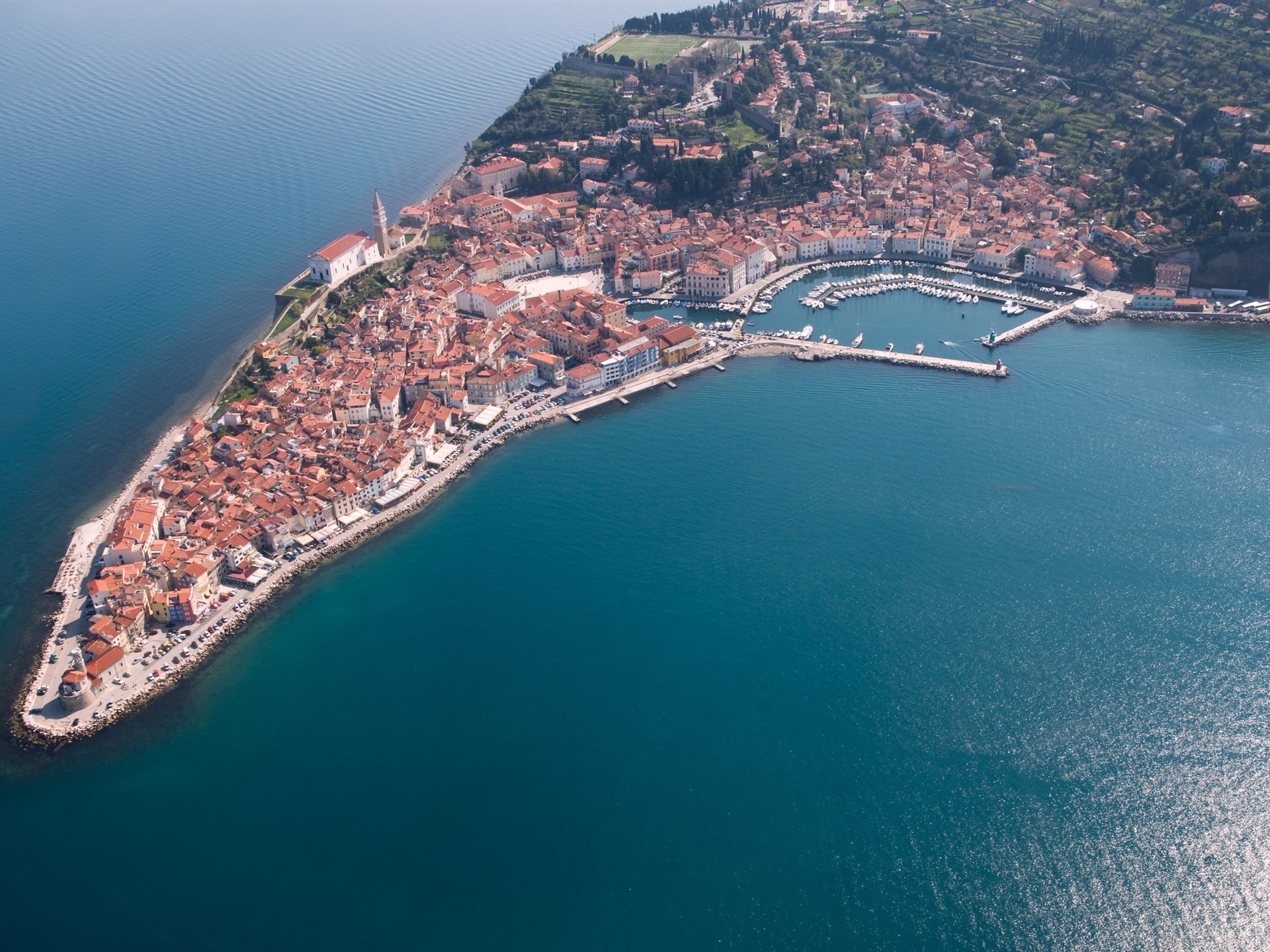 Slovenia, Sea, Dock, 1080P, View, Peninsula, Buildings, Piran, Top, HD Wallpaper