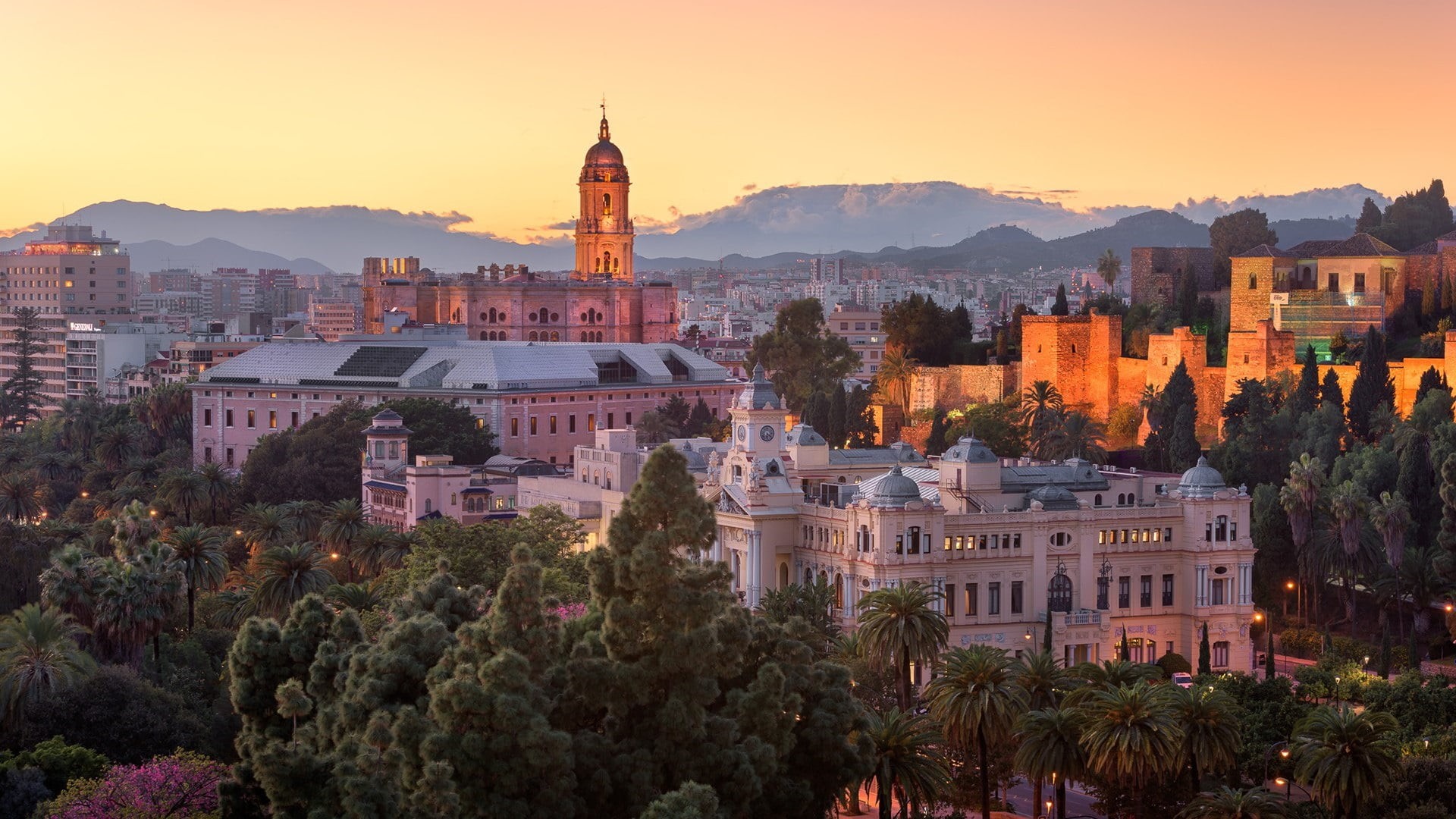 no people, sky, tower, city, spain, travel destinations, europe, evening, dusk, residential district, tree, building exterior, 1080P, mountain, building, HD Wallpaper