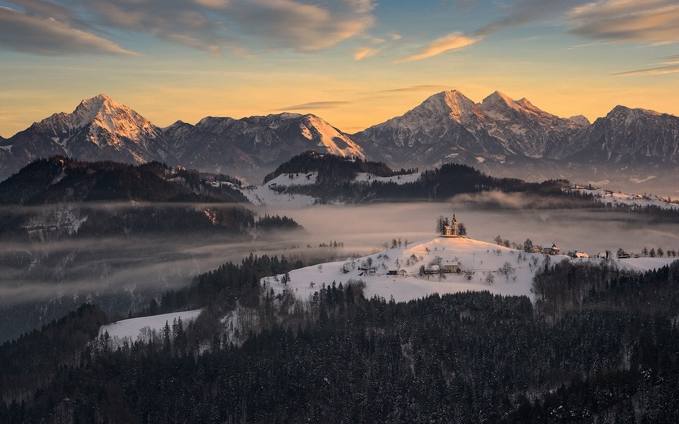 beauty in nature, landscape, 720P, mist, fog, snowcapped mountain, snow, winter, forest, Slovenia, tranquil scene, village, sunset, idyllic, cloud - sky, HD Wallpaper