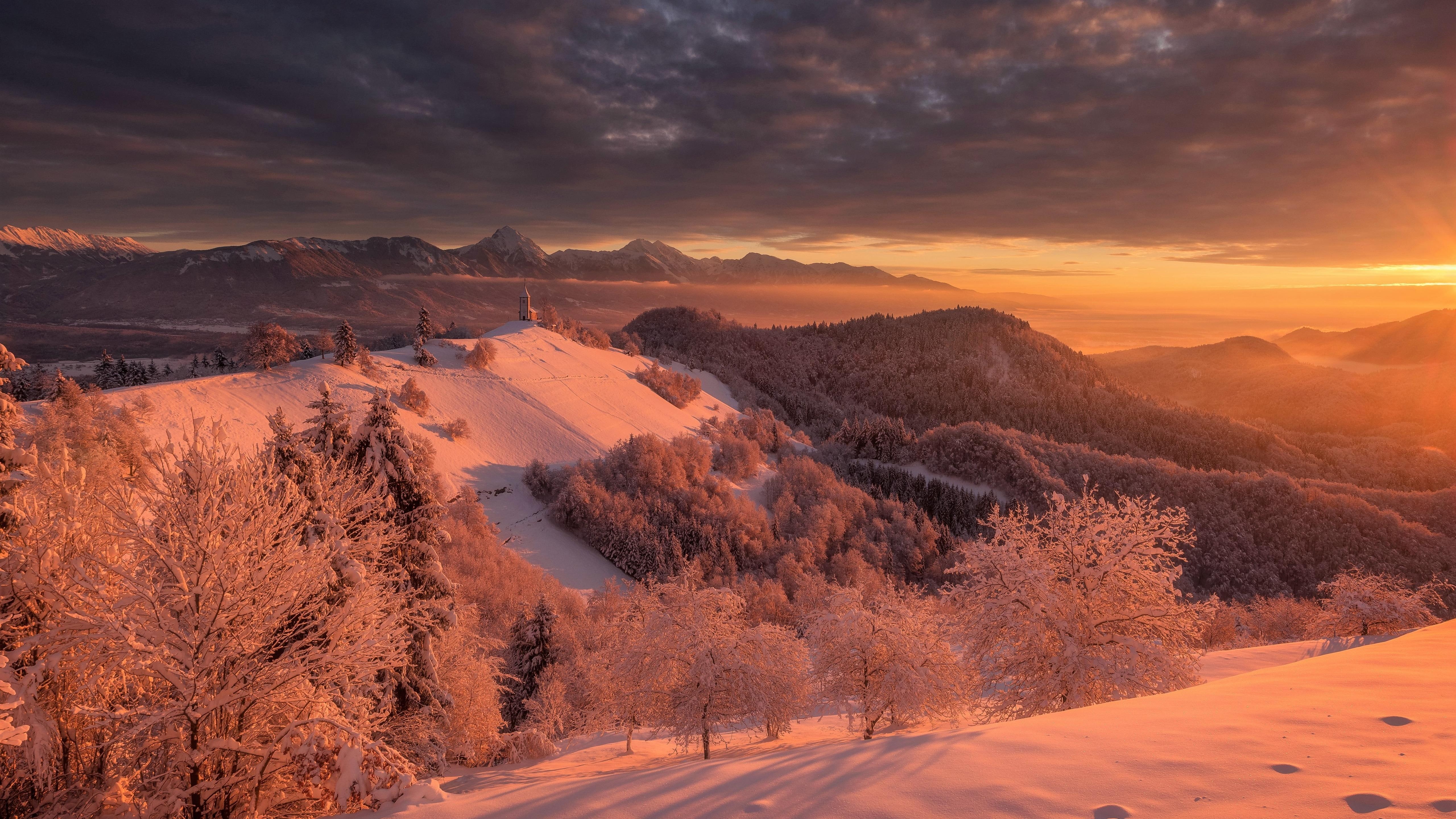 julian alps, cloud, sunrise, slovenia, cloudy, wilderness, 5k, kranj, europe, saints primus and felician church, jelovica plateau, horizon, hill, sky, mountain, HD Wallpaper