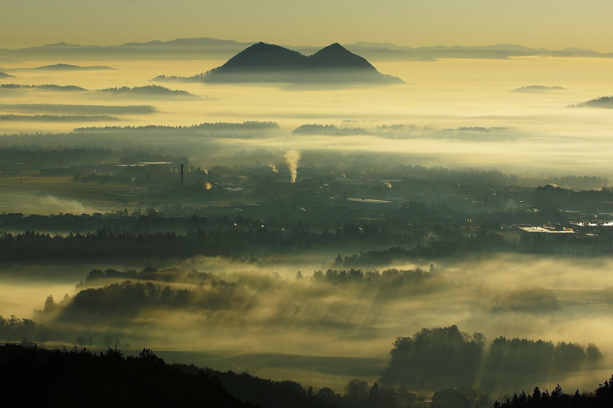 1080P, environment, trees, landscape, factory, tranquil scene, mountain, scenics - nature, beauty in nature, Slovenia, smoke, hazy, tree, valley, fog, HD Wallpaper