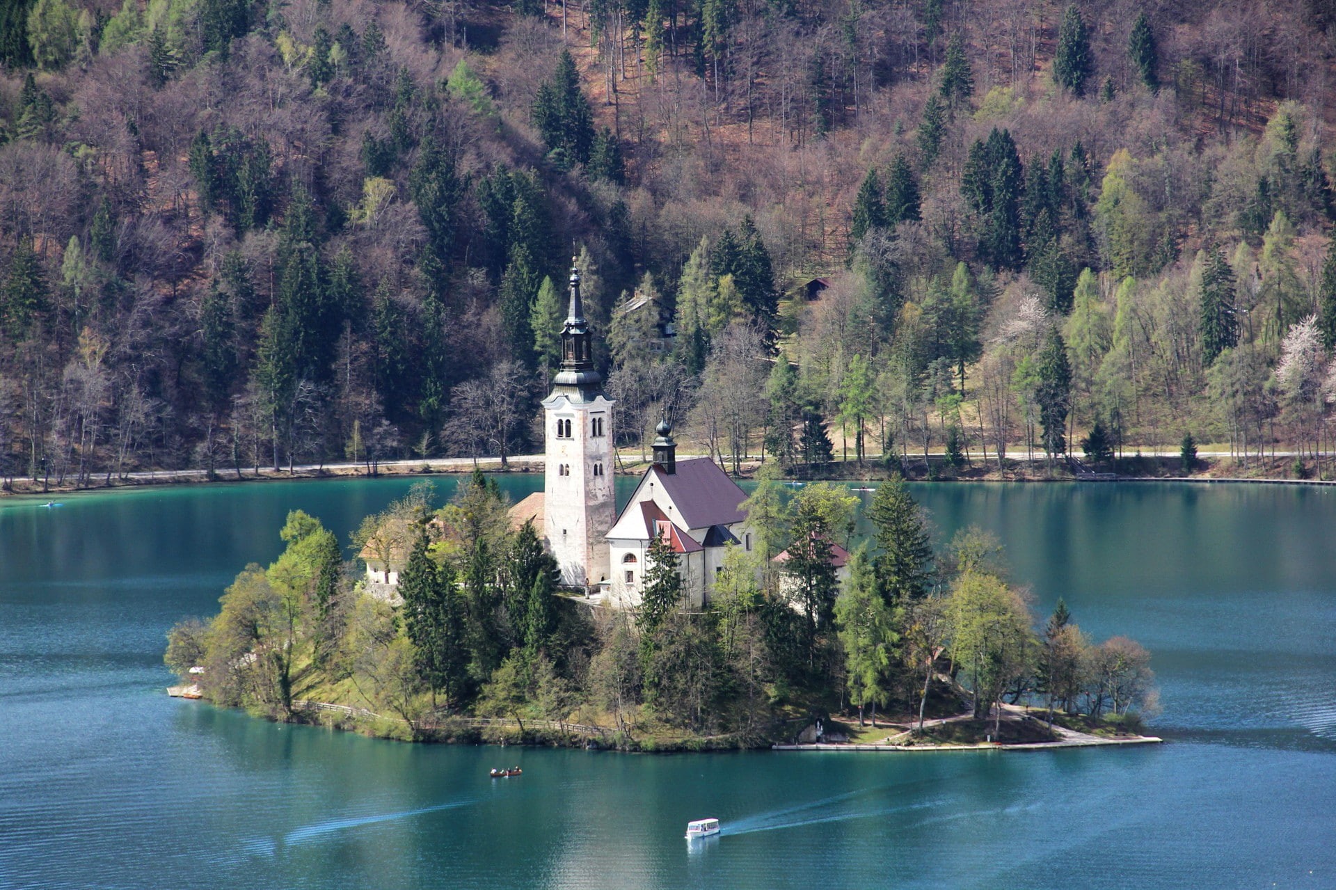 forest, architecture, 1080P, church, nature, trees, island, lake, boat, Slovenia, HD Wallpaper