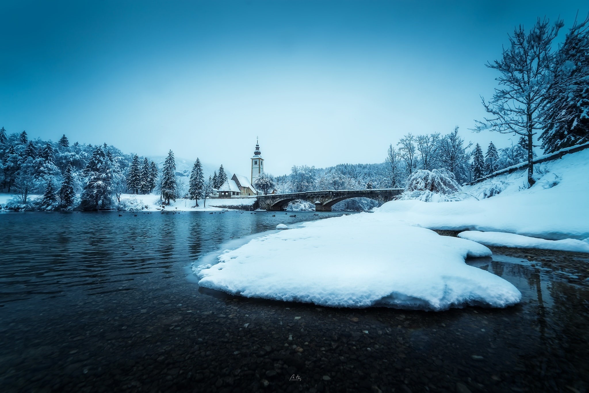 tower, tree, bridge, birds, tranquility, beauty in nature, winter, covering, Slovenia, water, scenics - nature, cold temperature, tranquil scene, plant, HD Wallpaper