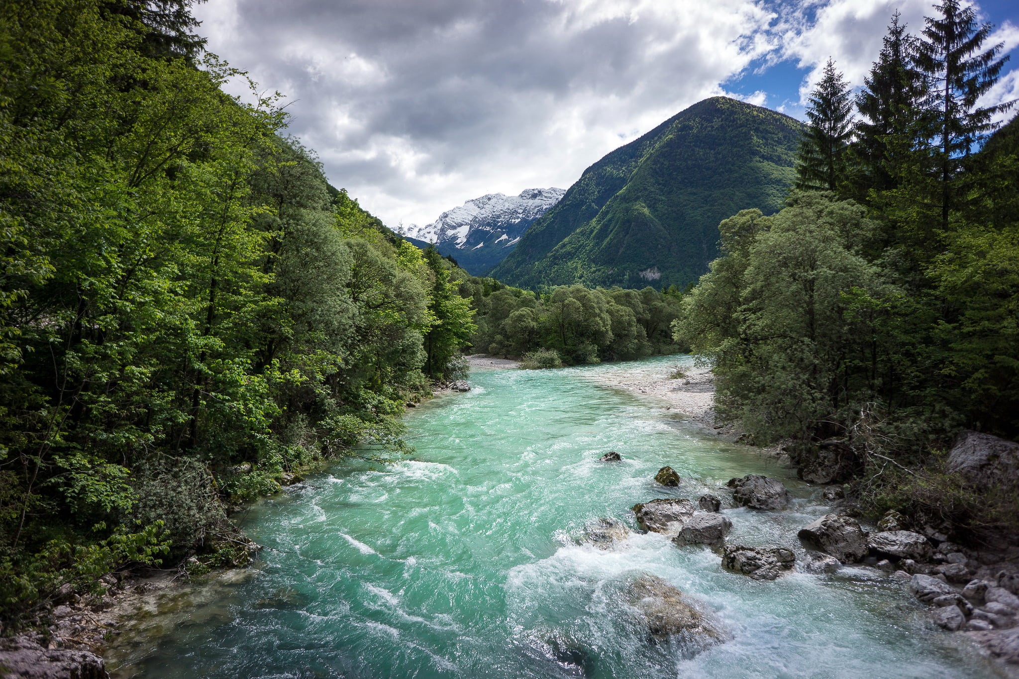 Slovenia, mountains, green color, river, mountain range, no people, rock, rock - object, scenics - nature, forest, tree, sky, non-urban scene, water, mountain, HD Wallpaper