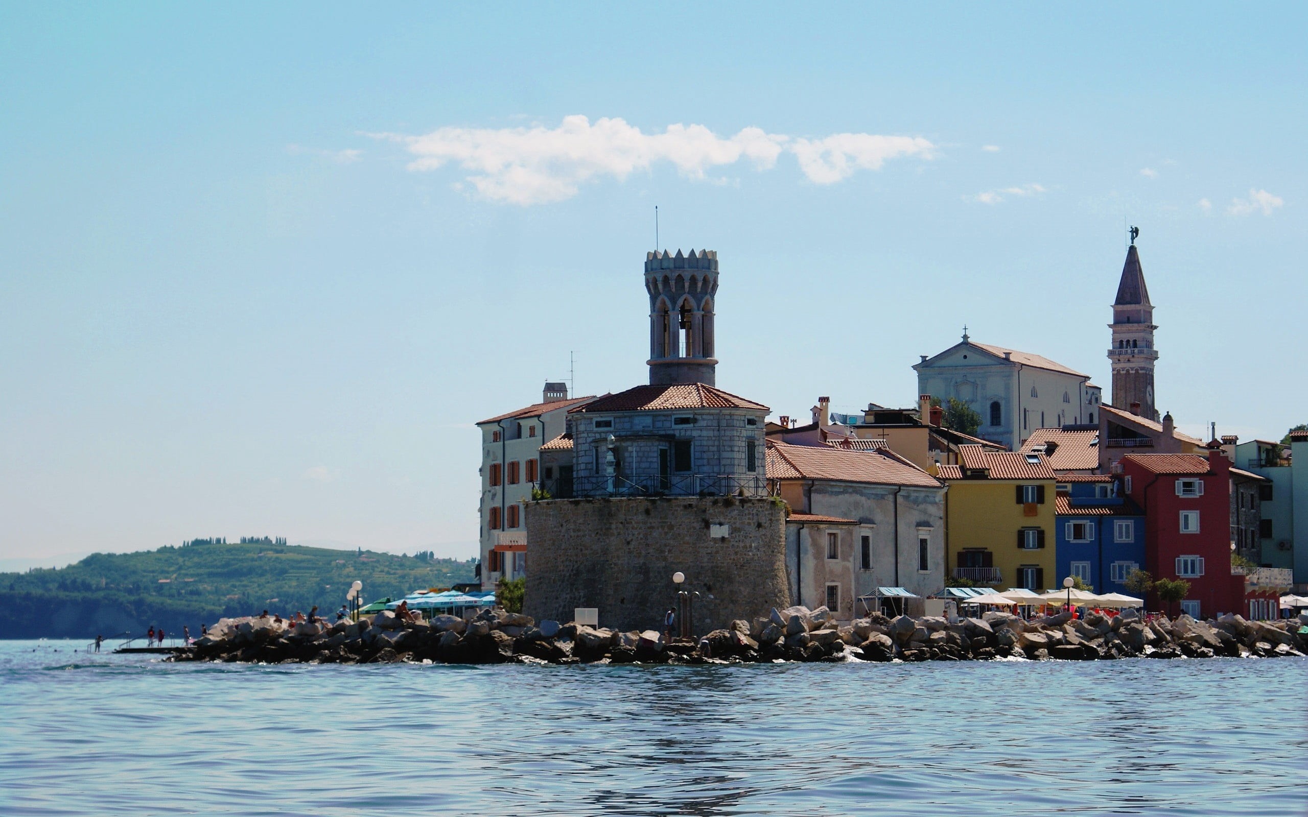 village, cloud - sky, europe, town, buildings, adriatic Sea, nature, built Structure, church, building Exterior, summer, island, day, solid, 2K, blue, HD Wallpaper