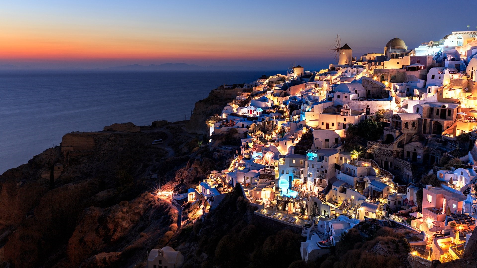 dusk, greece, coast, tourism, cityscape, travel, evening, promontory, sea, thira, santorini, 1080P, town, night, tourist attraction, HD Wallpaper