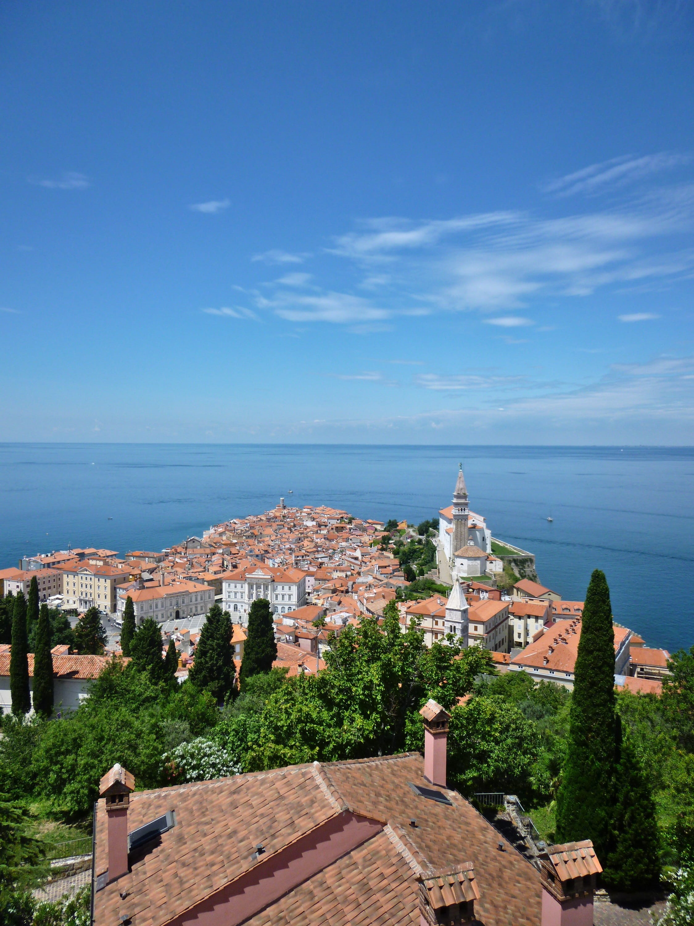 slovenia, the past, adriatic, mediterranean, sea, city, piran, built structure, history, blue, 2K, outdoors, nature, water, building exterior, sky, church, Phone HD Wallpaper