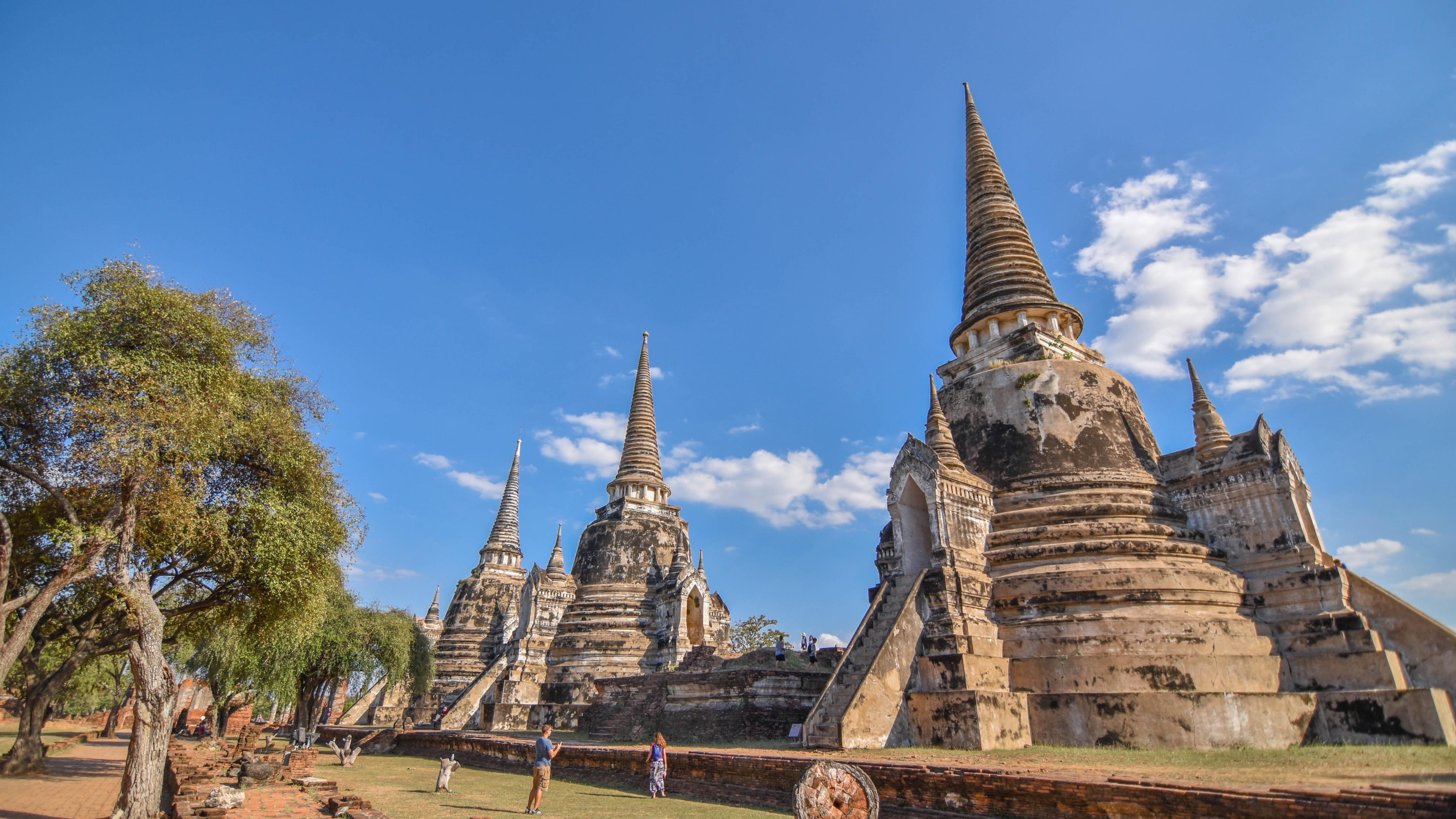 historic site, temple, spire, place of worship, ayutthaya historical park, sky, wat, 5K, tourist attraction, landmark, thailand, building, unesco world heritage site, HD Wallpaper