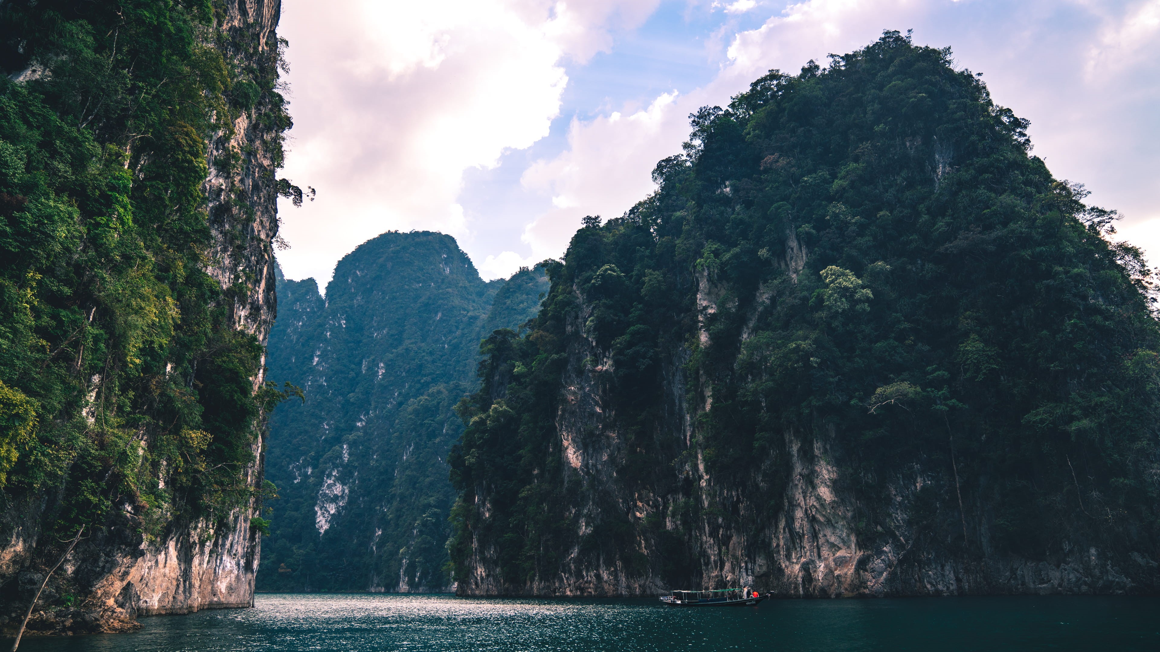 trees, nature, waterfront, nautical vessel, sky, cloud - sky, khao sok national park, mountain range, 4K, explore, rock formation, mountain, water, day, HD Wallpaper
