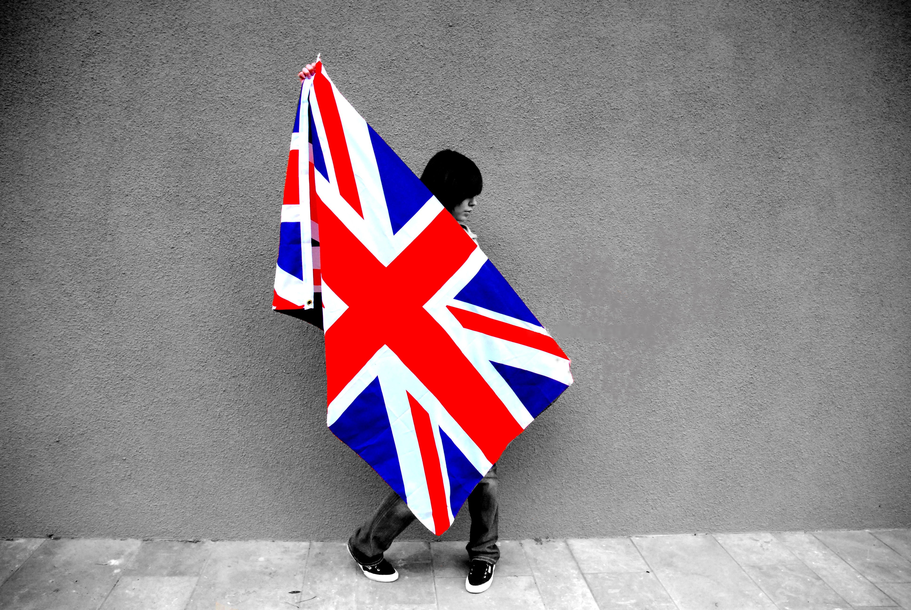 british Flag, day, girl, street, wall, full length, outdoors, unity, men, architecture, multi colored, patriotism, 4K, business, kingdom, road, united, HD Wallpaper
