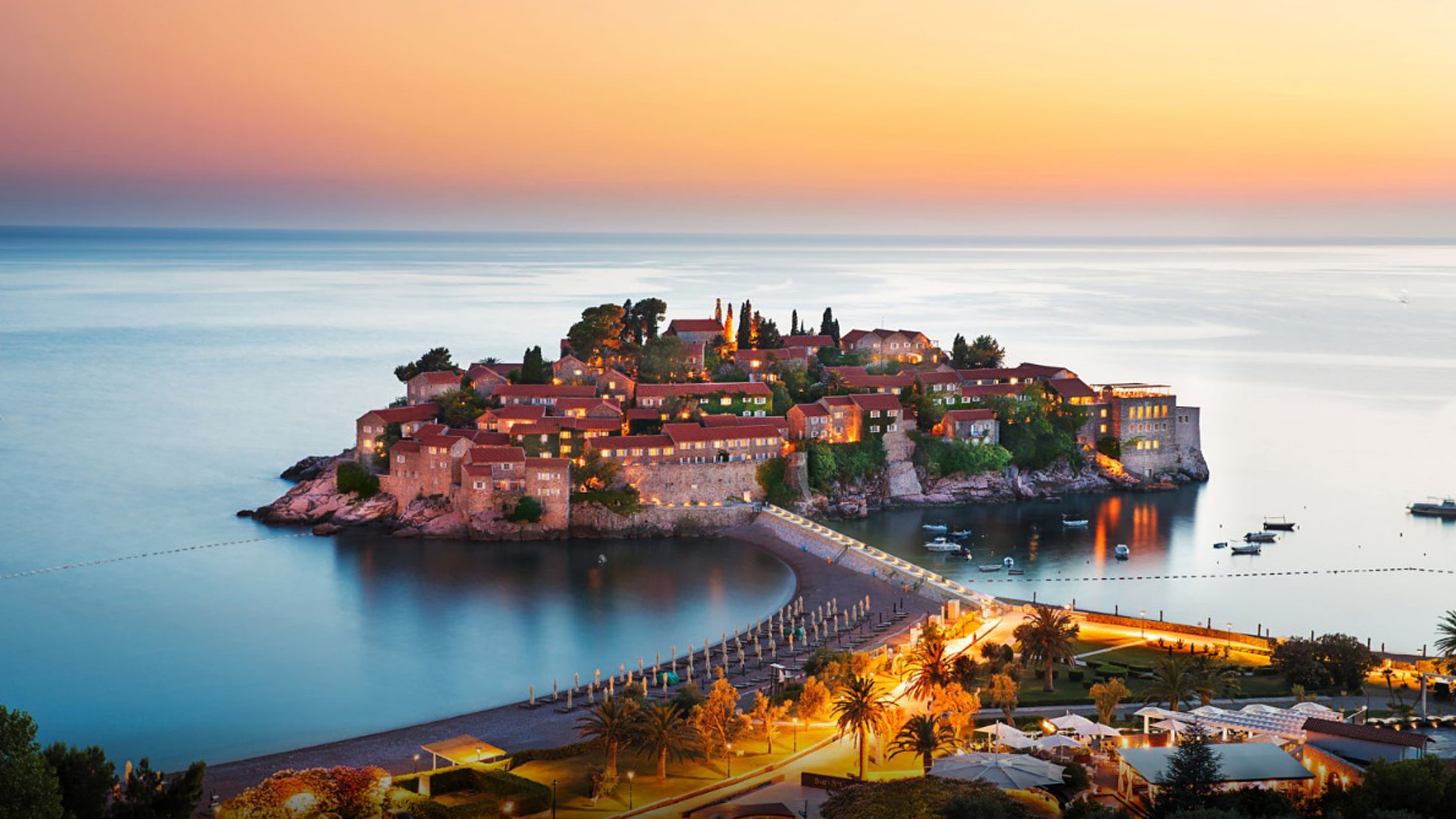 water, outdoors, sveti, no people, illuminated, montenegro, sky, transportation, sunset, nature, horizon over water, cityscape, travel, land, building exterior, HD Wallpaper