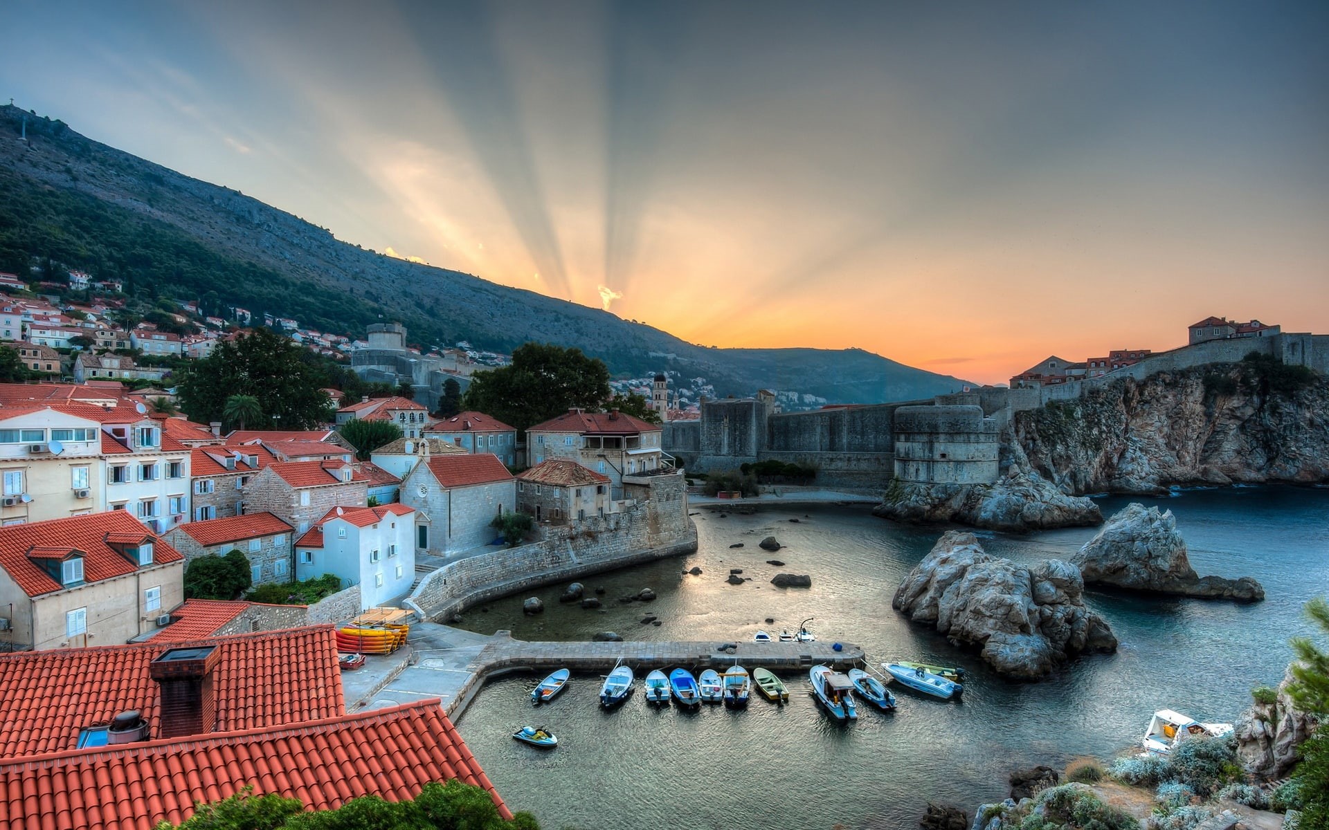 Sunrise, Dubrovnik, Harbor, 1080P, Houses, Boats, Sea, Croatia, HD Wallpaper