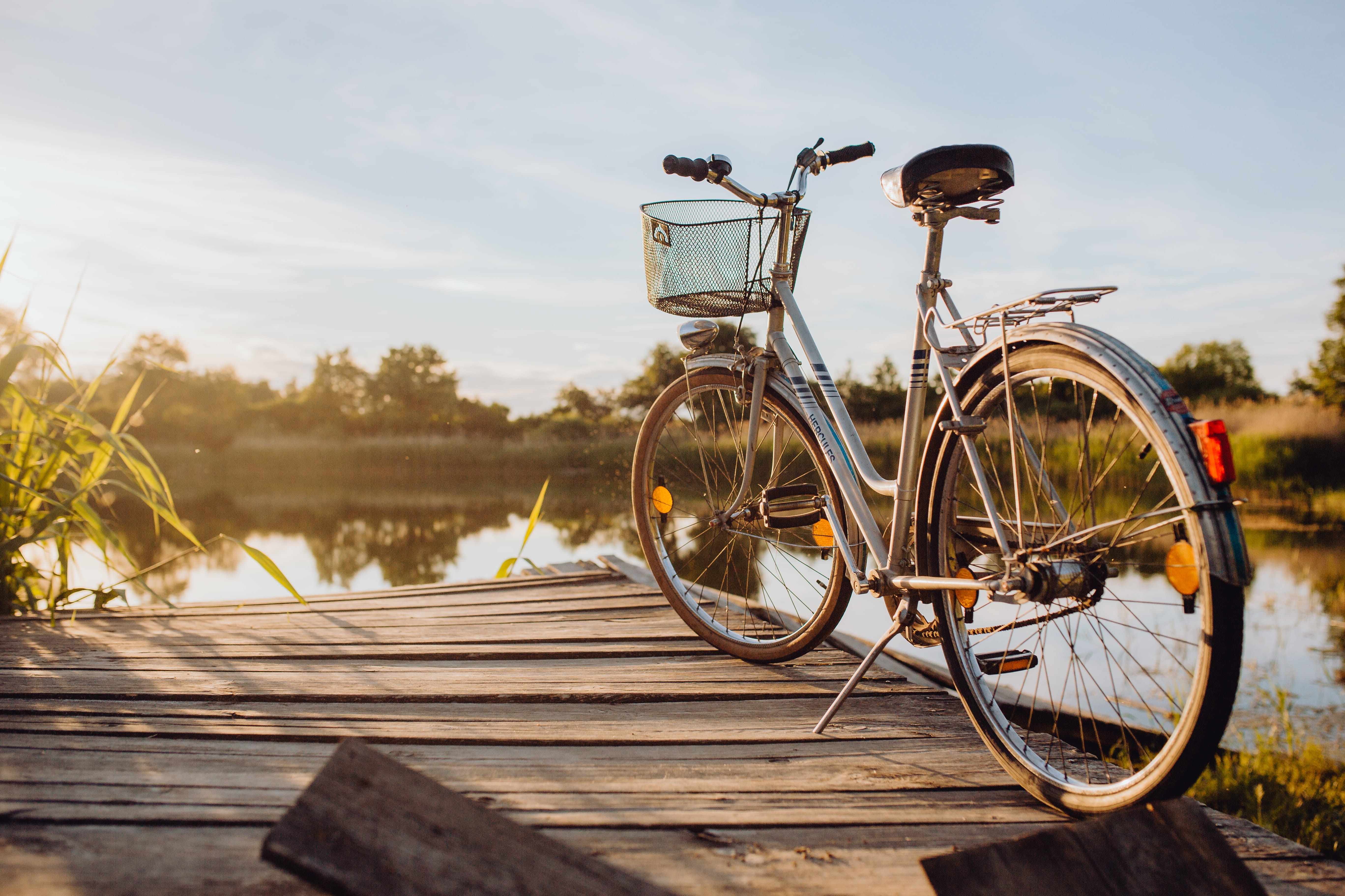 wood - material, plant, water, sunset, outdoor, light, cyclist, day, no people, architecture, tree, vacations, land vehicle, pier, transportation, bicycle, HD Wallpaper