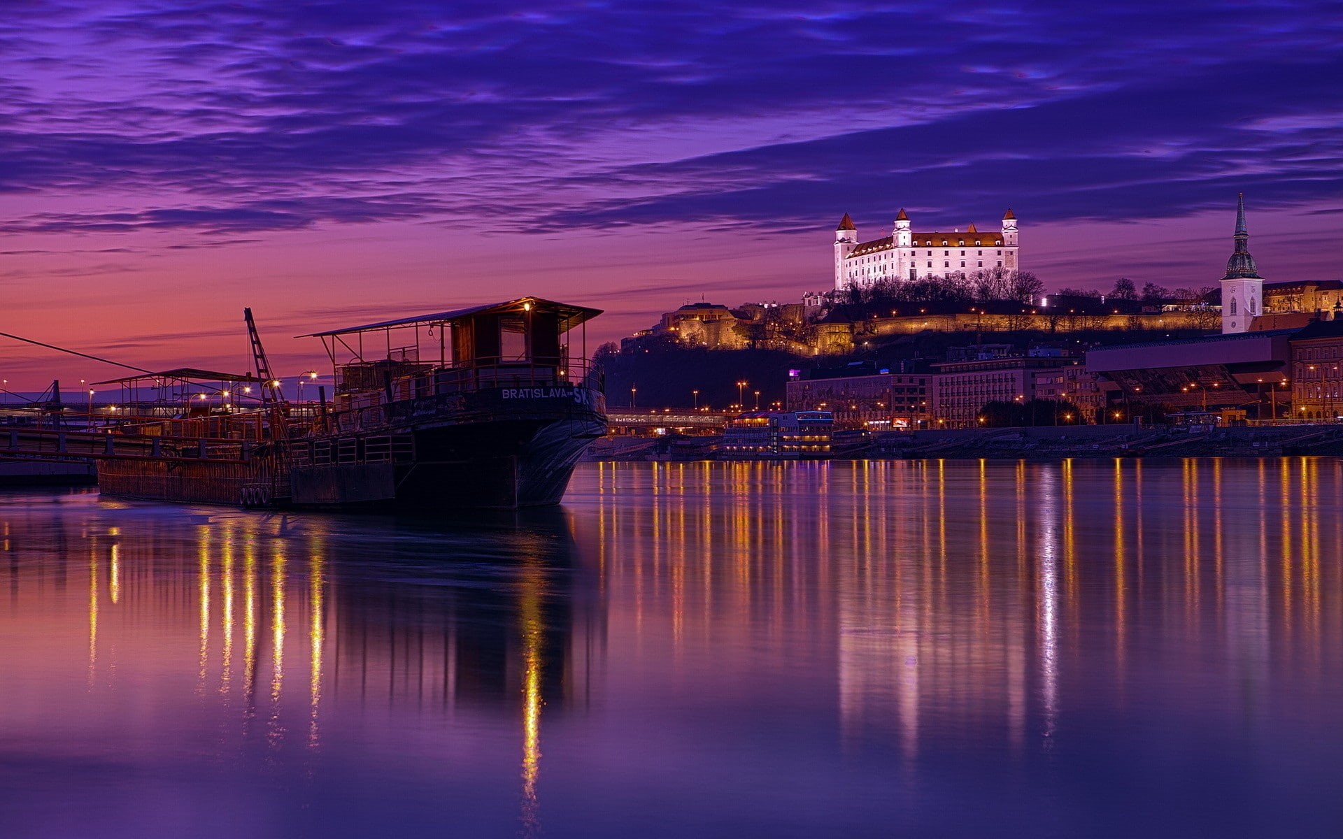 nature, purple, industry, castle, cloud - sky, building, water, church, Bratislava, hills, architecture, dusk, built structure, sky, night, illuminated, HD Wallpaper