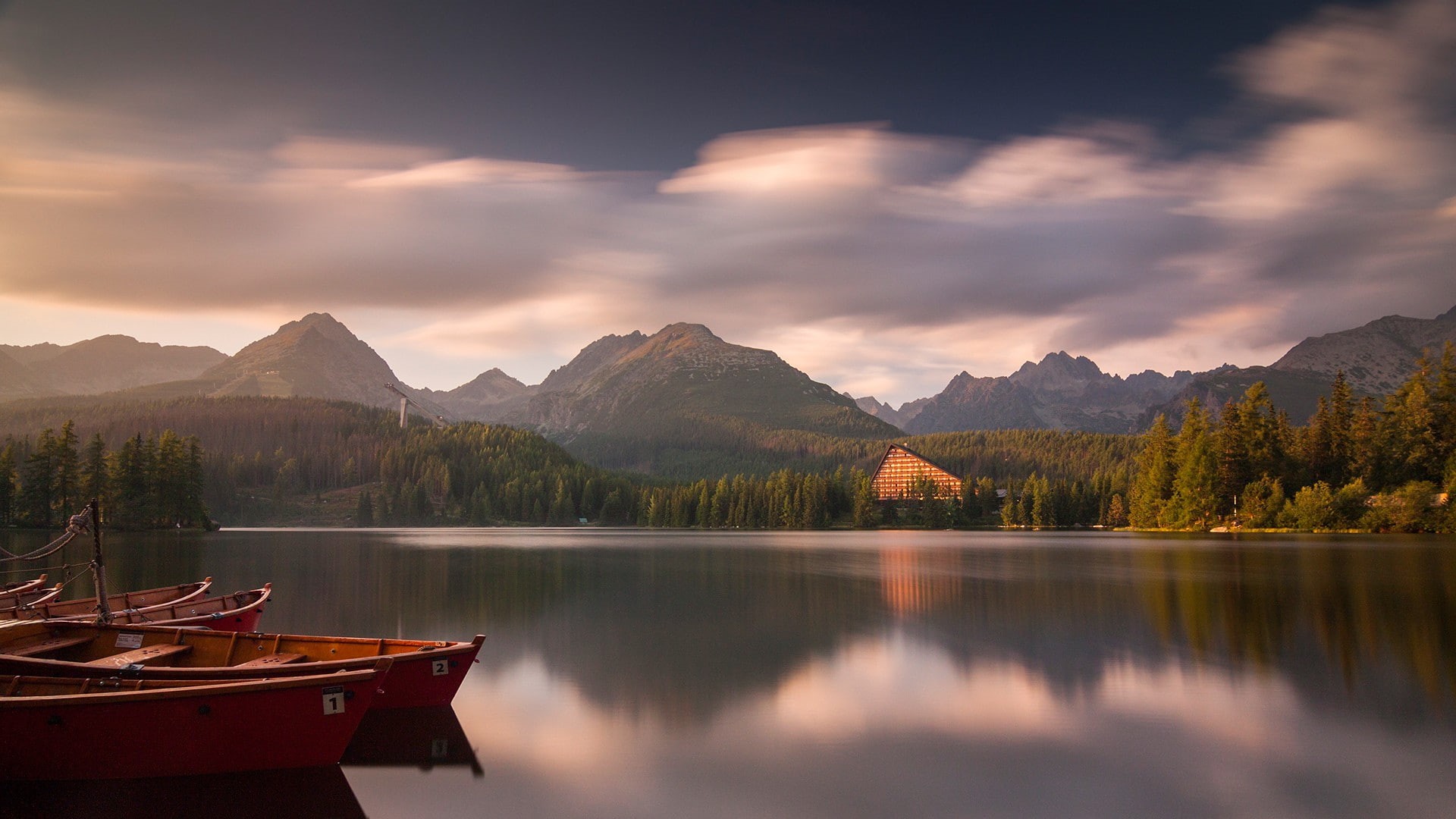 mountain, no people, beauty in nature, tranquility, idyllic, tree, transportation, 1080P, cloud - sky, mountains, boat, sky, nature, tranquil scene, reflection, HD Wallpaper