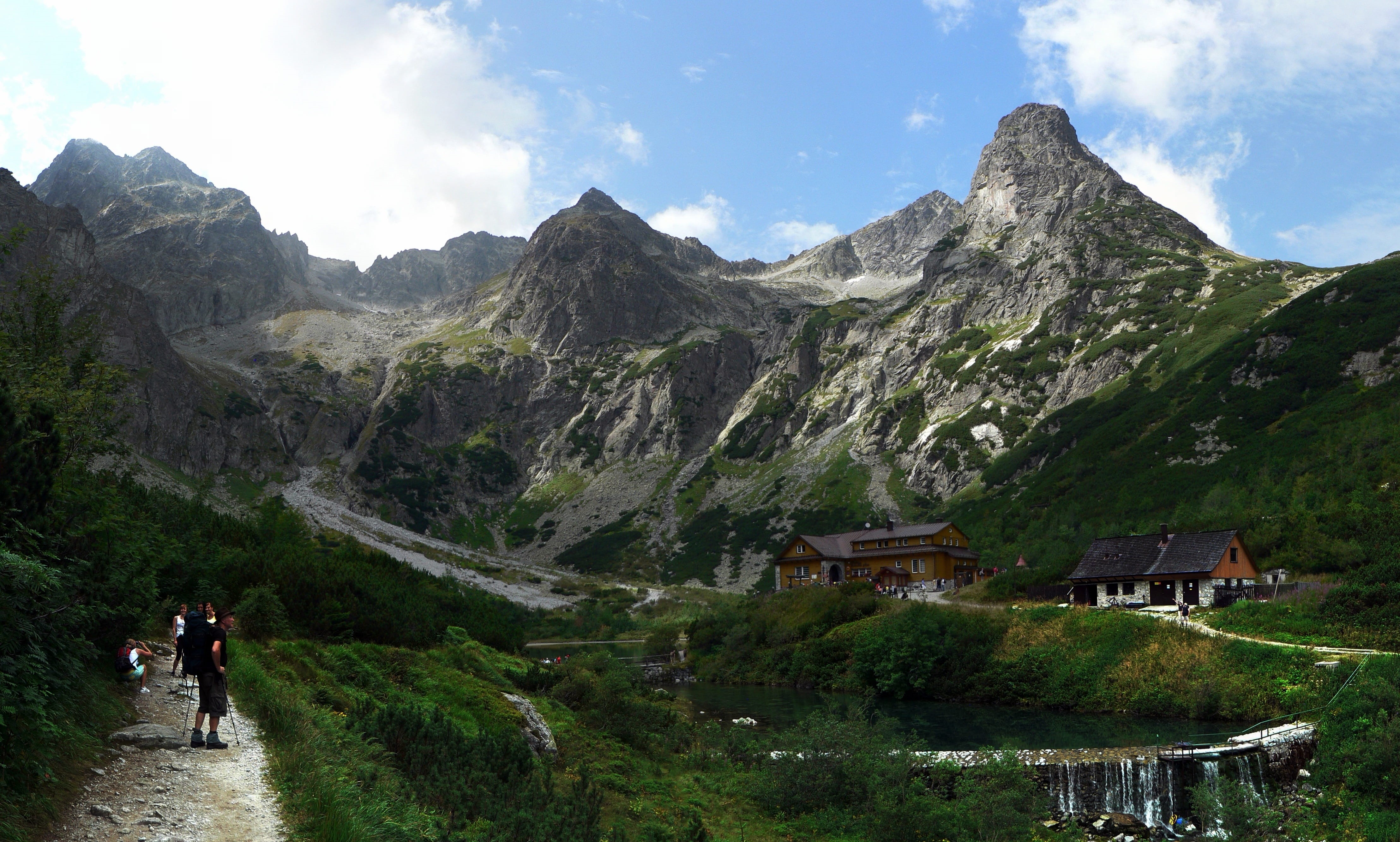 leisure activity, mountains, built structure, Cottage, high tatras, travel destinations, water, environment, group of people, mountain peak, building, outdoors, HD Wallpaper