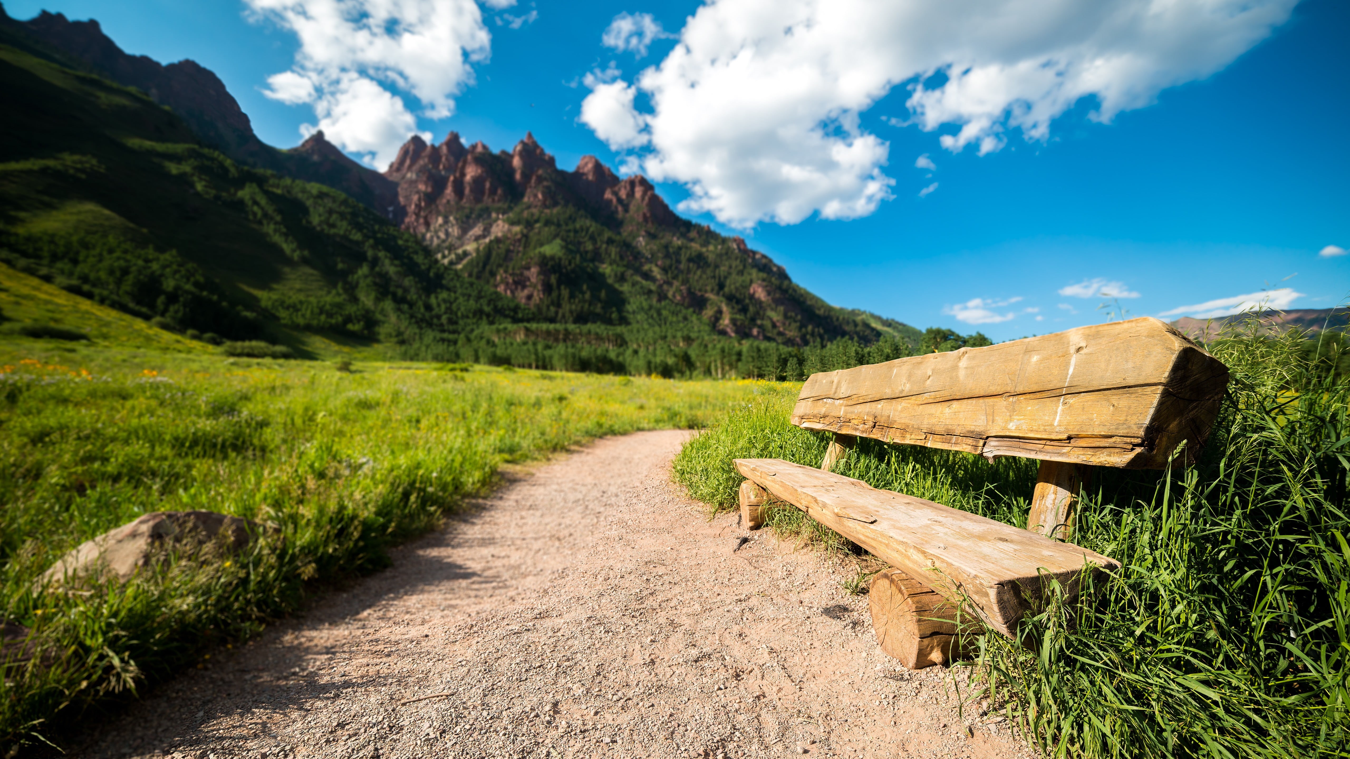mountains, wooden, bench, landscape, Colorado, path, tranquil scene, outdoors, clouds, tranquility, grass, day, non-urban scene, no people, scenics - nature, HD Wallpaper