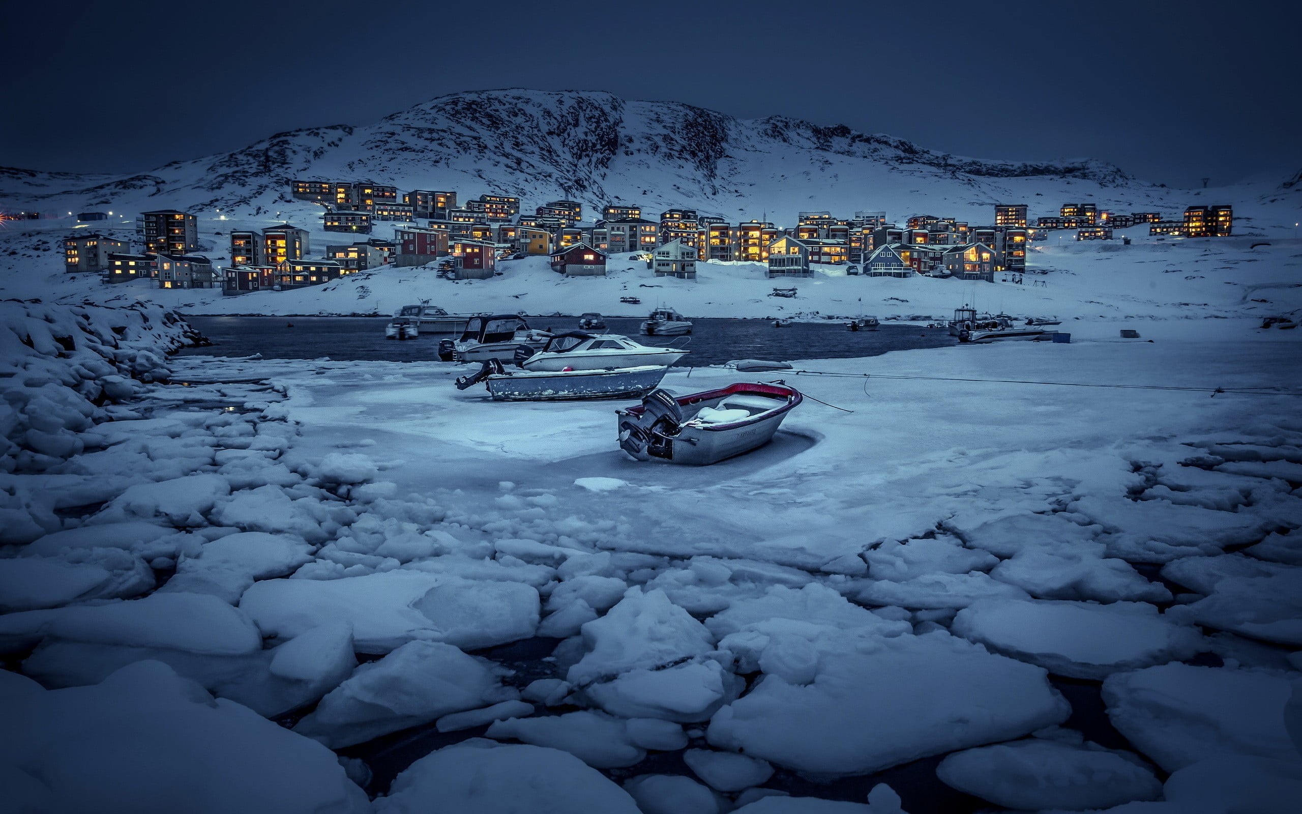 architecture, 2K, mode of transportation, evening, frozen, gray, nautical vessel, lights, boat, covering, ice, outdoors, transportation, Greenland, nature, HD Wallpaper
